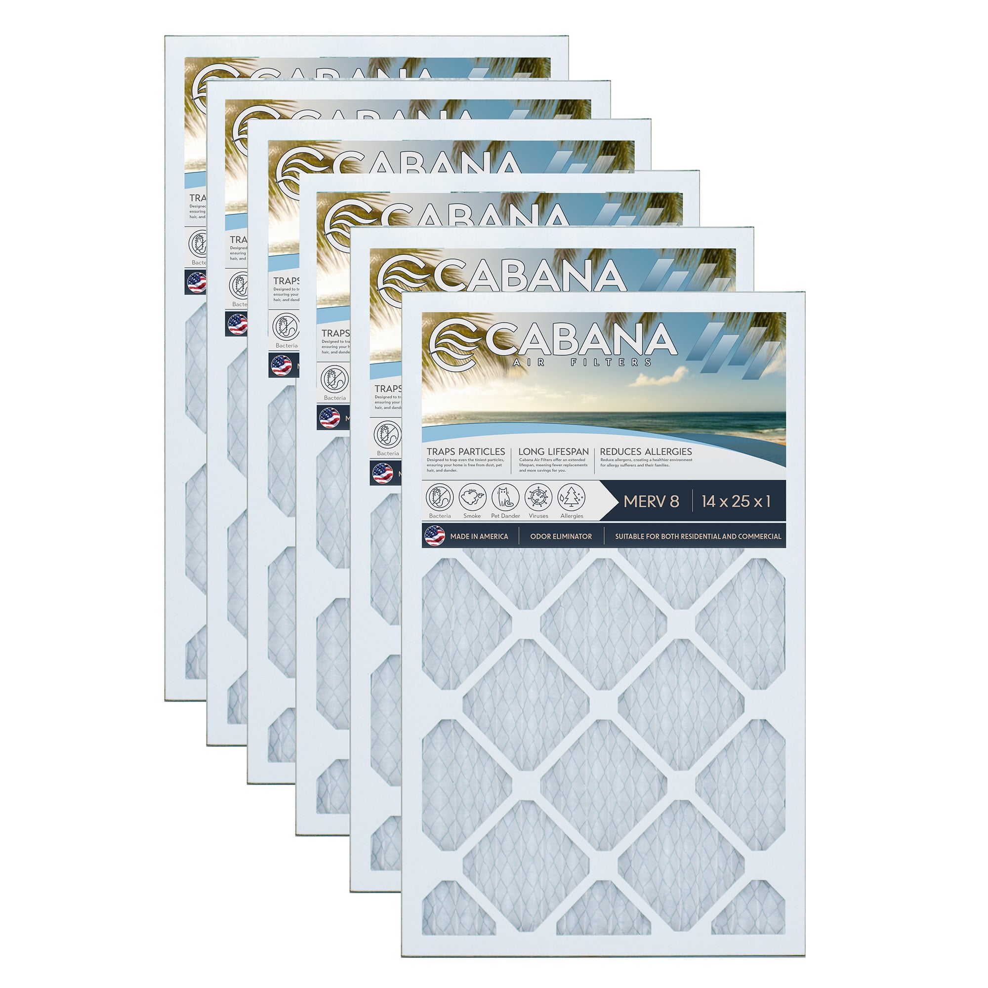 Cabana Air Filters 6 Pack HVAC Furnace Air Filters, MERV 8, 14 x 25 x 1, White - Smart-nests