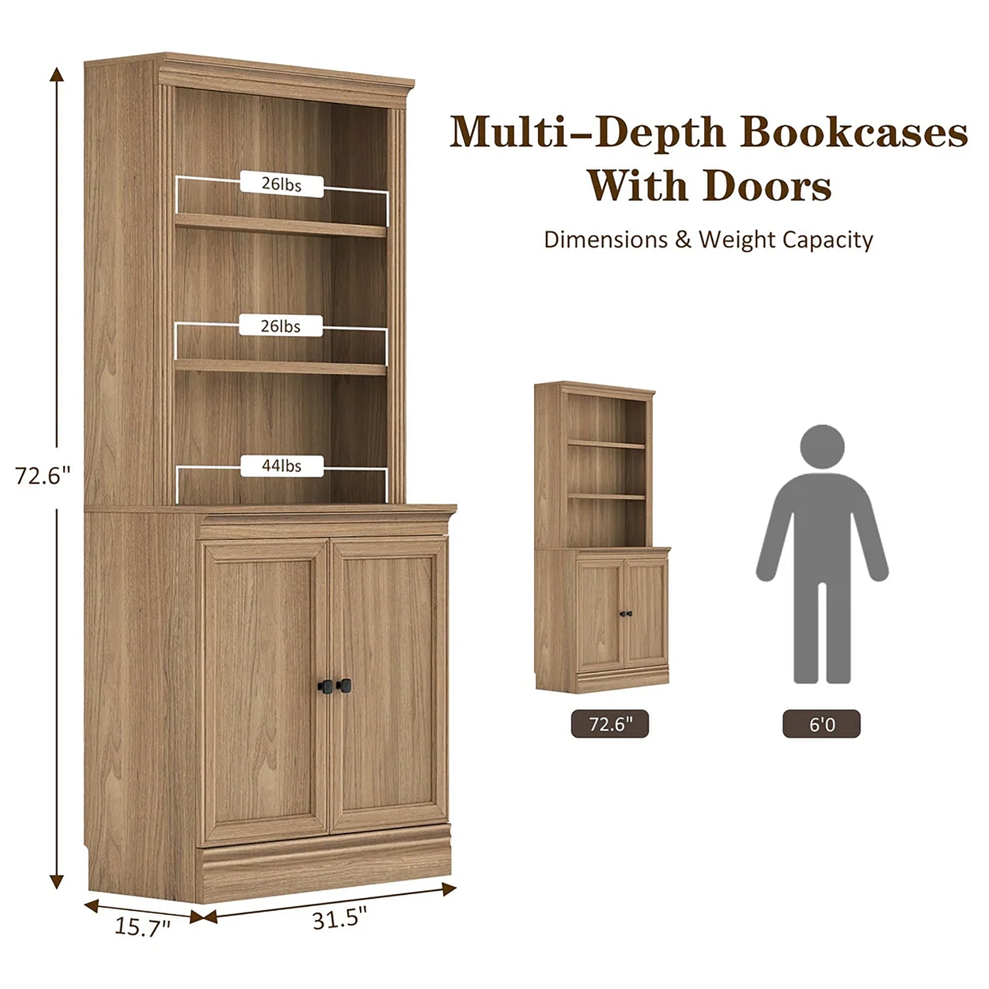VAUXHILL & CO. Halston Multi-Depth Bookcase Adjustable Shelving Unit, Doors, Oak - Smart-nests