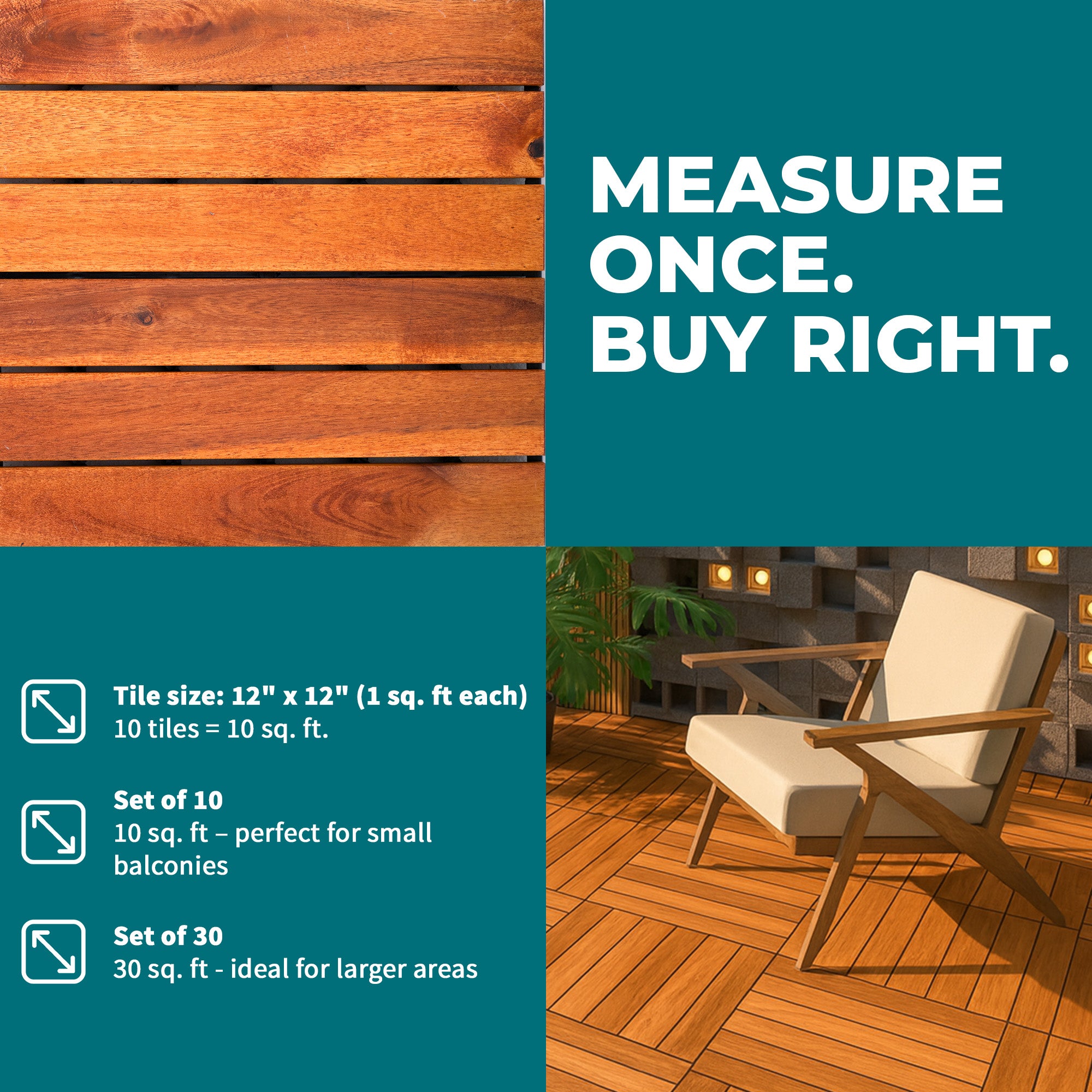 Bliss Outdoors Hardwood 6-Slat Interlocking Wood Deck Tiles, Natural, Set of 10