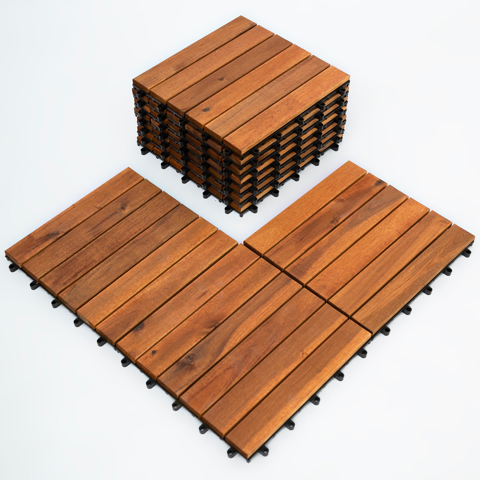 Bliss Outdoors Hardwood 6-Slat Interlocking Wood Deck Tiles, Natural, Set of 30 - Smart-nests