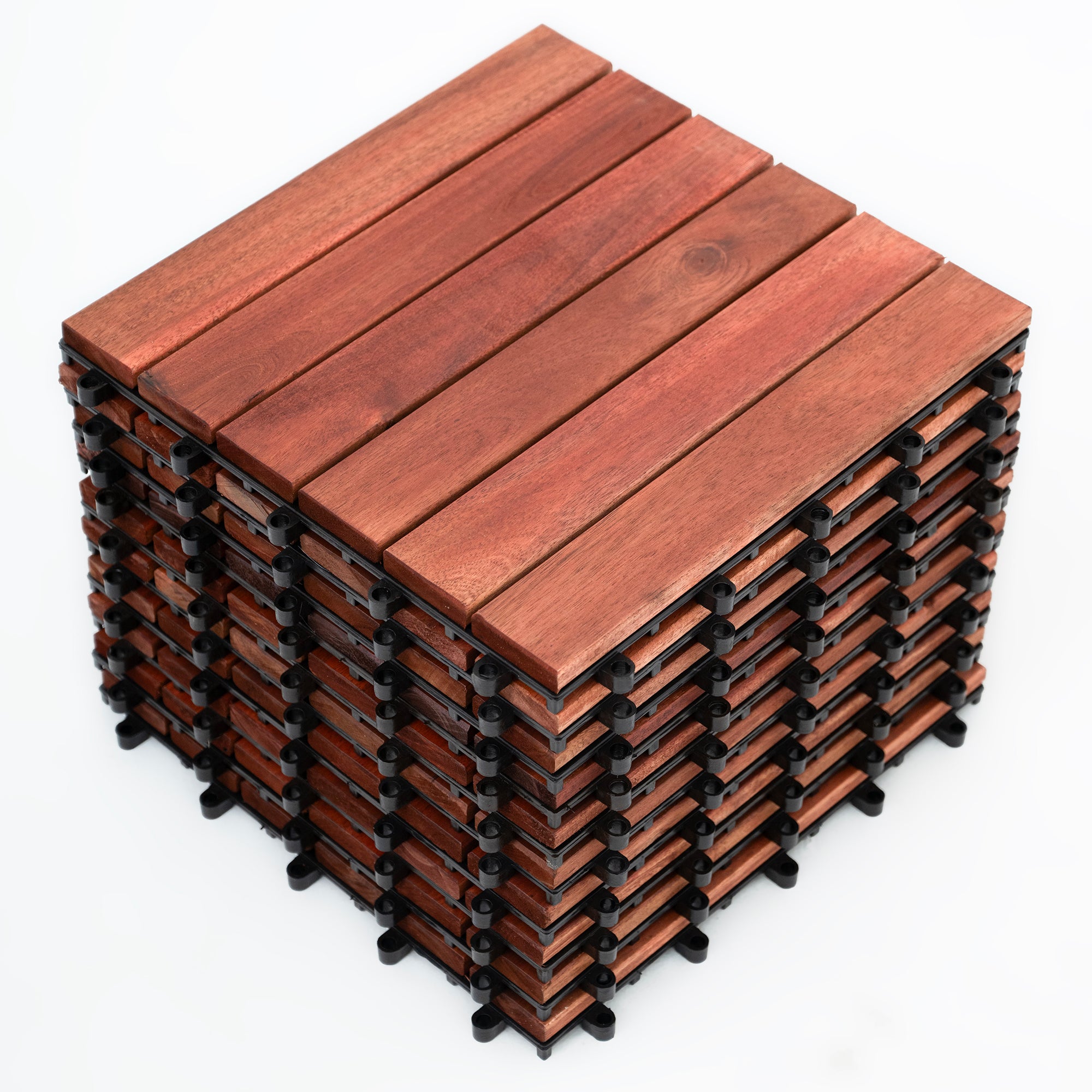 Bliss Outdoors Hardwood 6-Slat Interlocking Wood Deck Tiles, Red, Set of 30 - Smart-nests