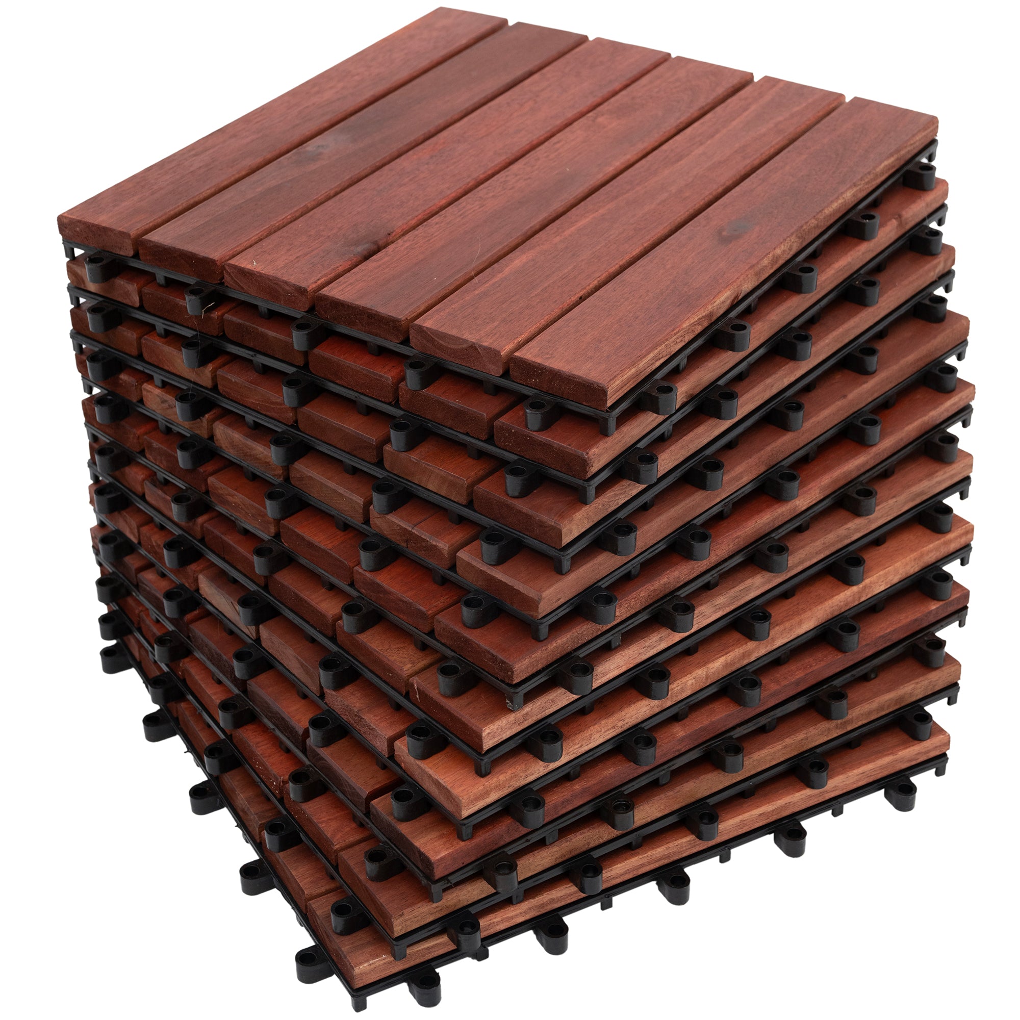 Bliss Outdoors Hardwood 6-Slat Interlocking Wood Deck Tiles, Red, Set of 30 - Smart-nests