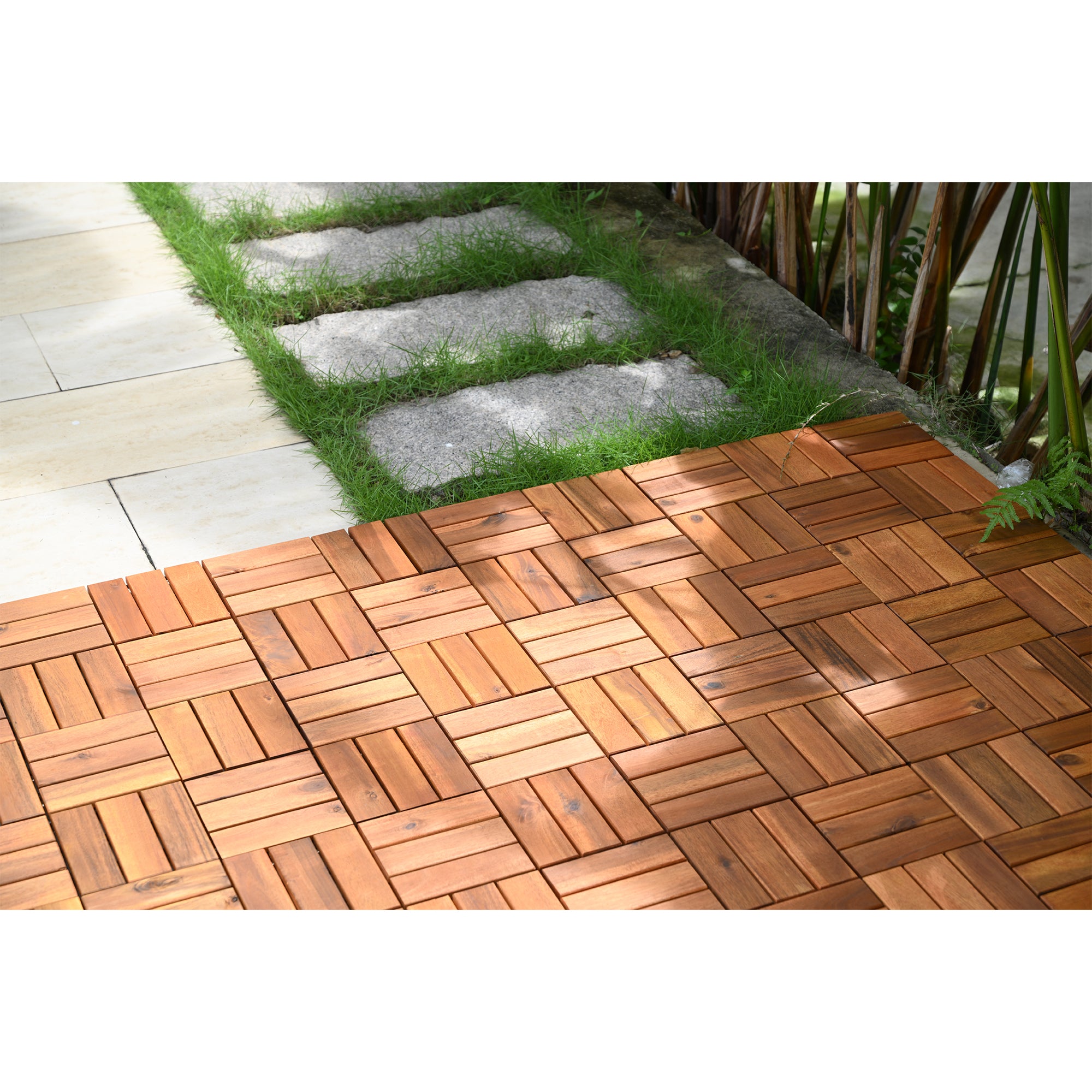 Bliss Outdoors Hardwood 12-Slat Interlocking Wood Deck Tiles, Natural, Set of 30 - Smart-nests