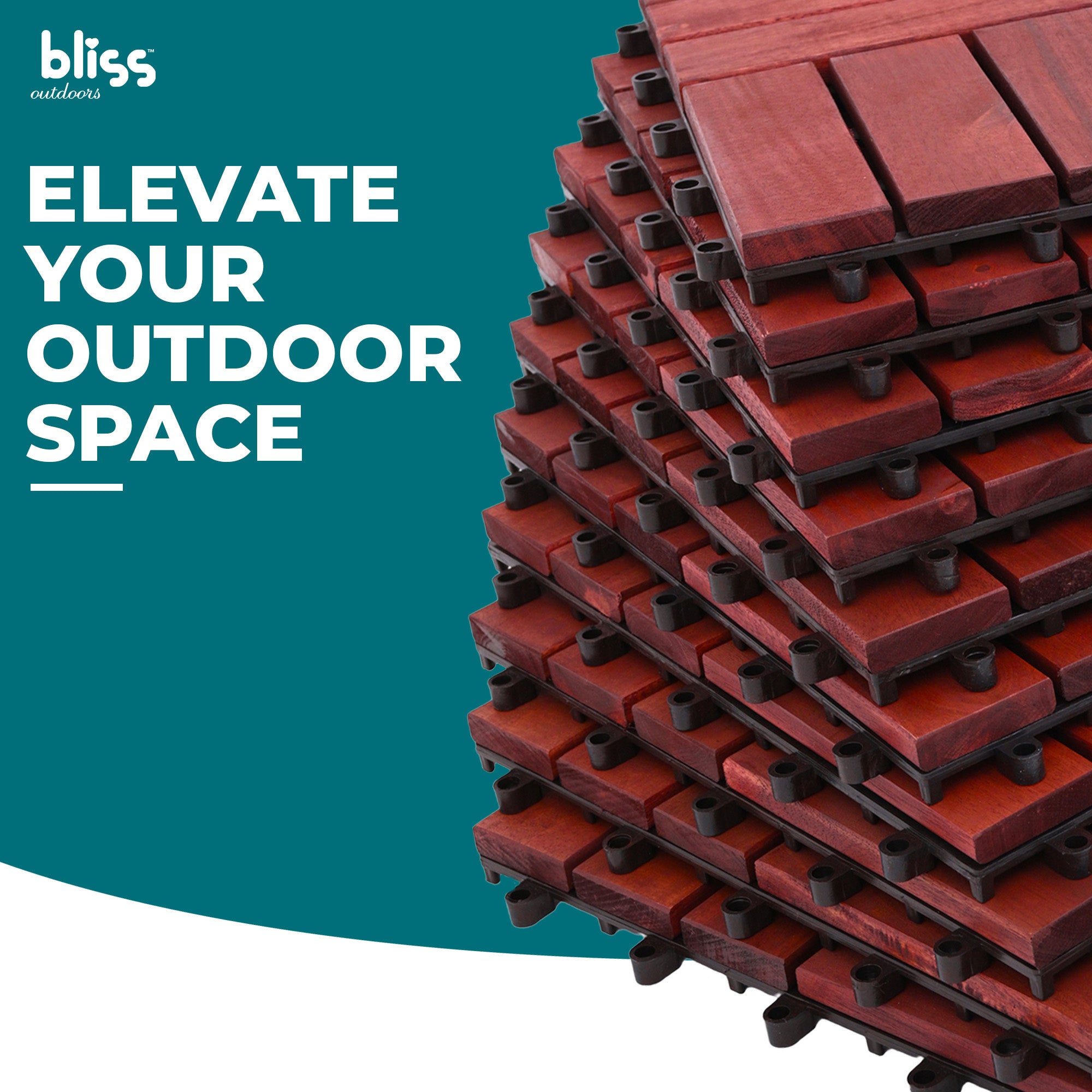 Bliss Outdoors Hardwood 12-Slat Interlocking Wood Deck Tiles, Red, Set of 30