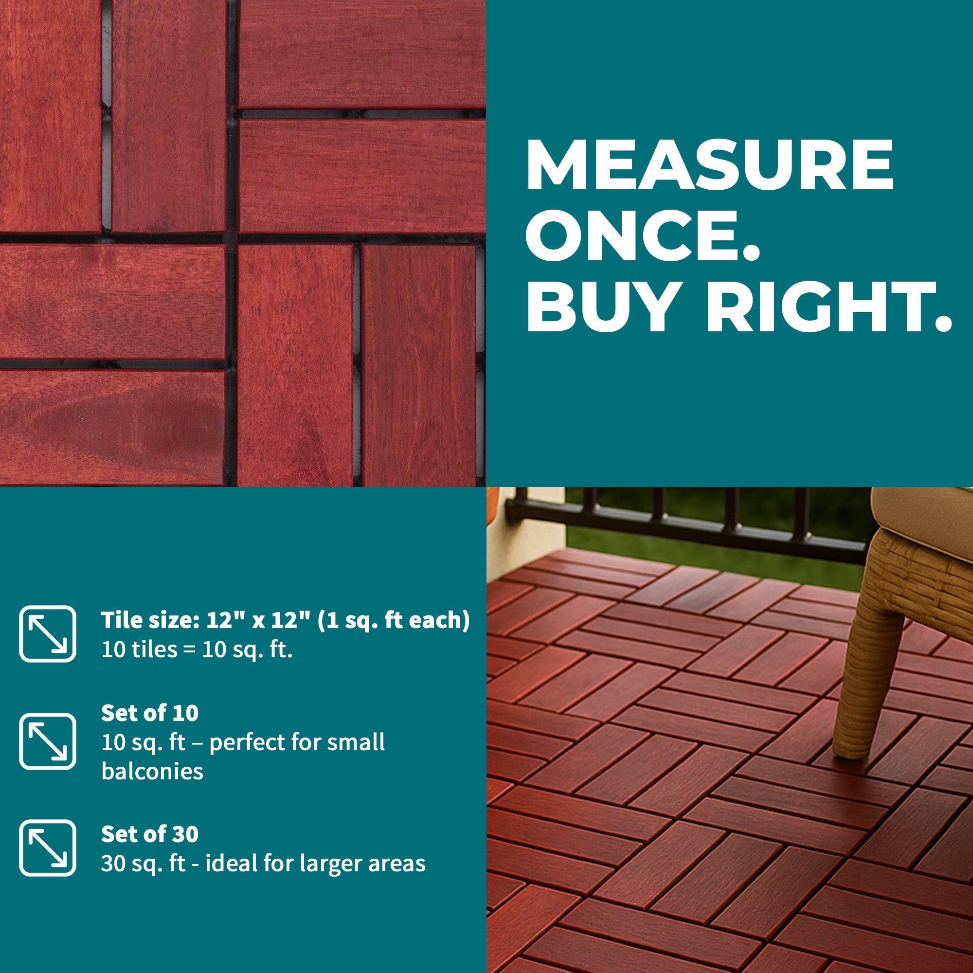 Bliss Outdoors Hardwood 12-Slat Interlocking Wood Deck Tiles, Red, Set of 30