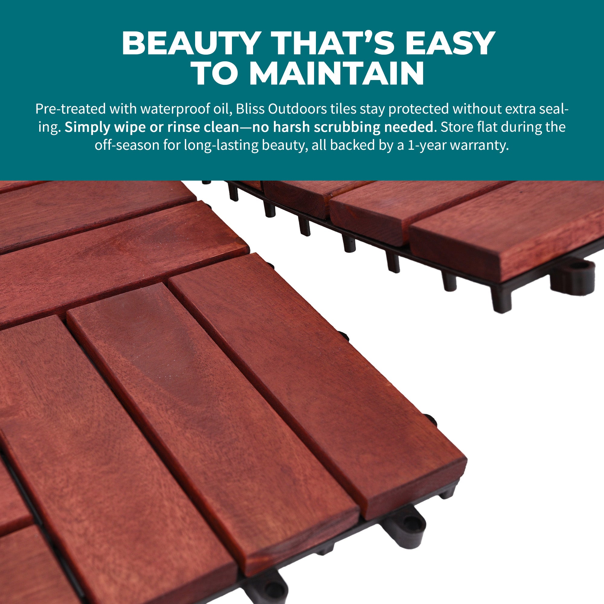 Bliss Outdoors Hardwood 12-Slat Interlocking Wood Deck Tiles, Red, Set of 30