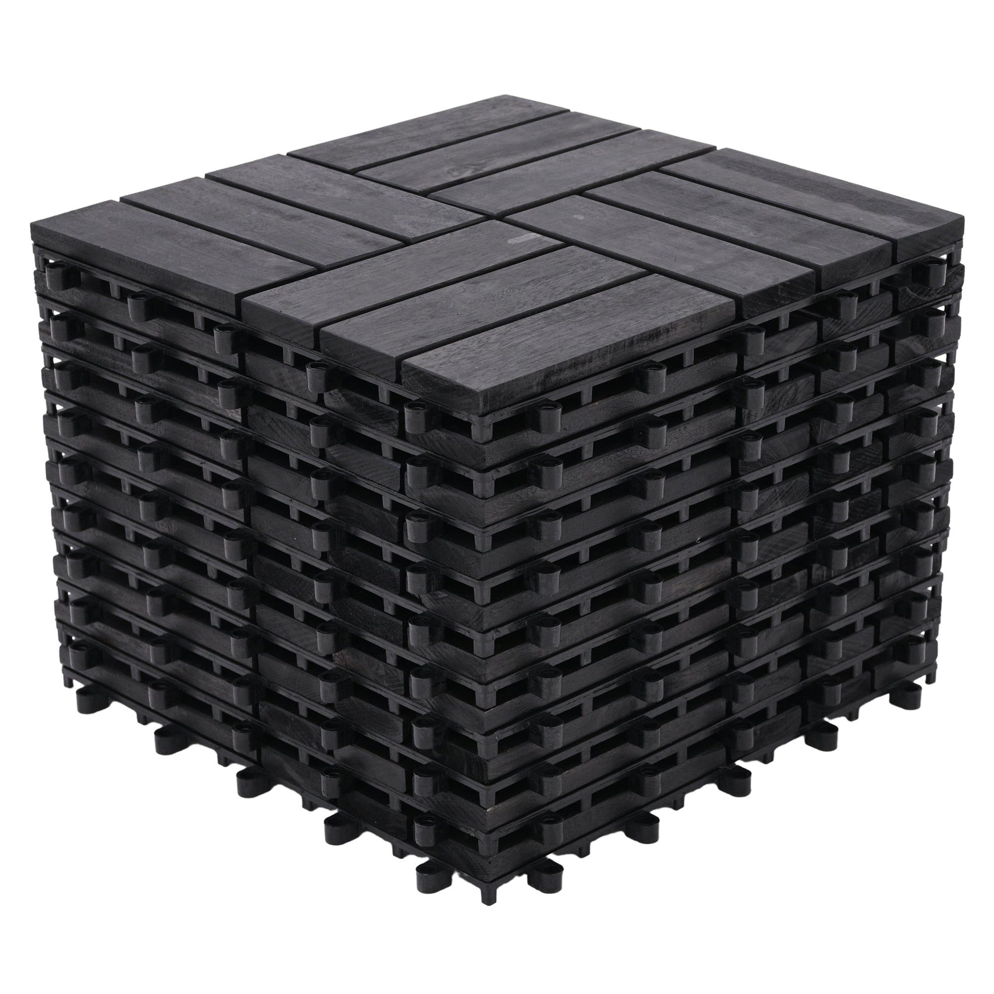Bliss Outdoors Hardwood 12-Slat Interlock Wood Deck Tiles, Aged Black, Set of 30
