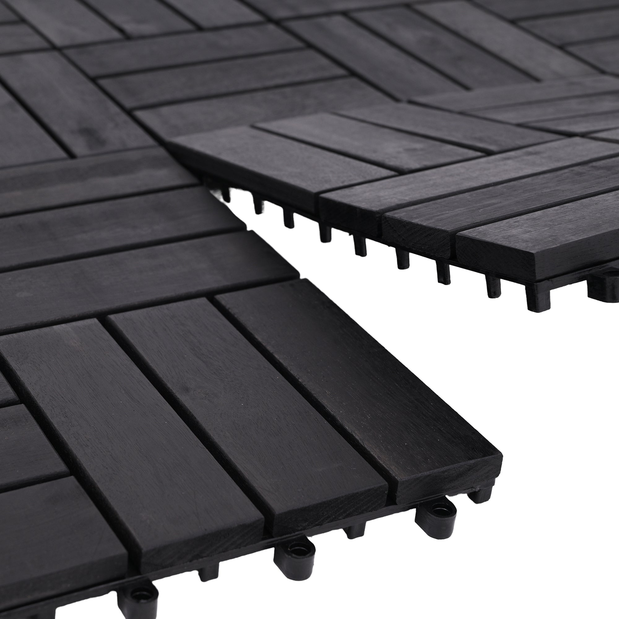 Bliss Outdoors Hardwood 12-Slat Interlock Wood Deck Tiles, Aged Black, Set of 30
