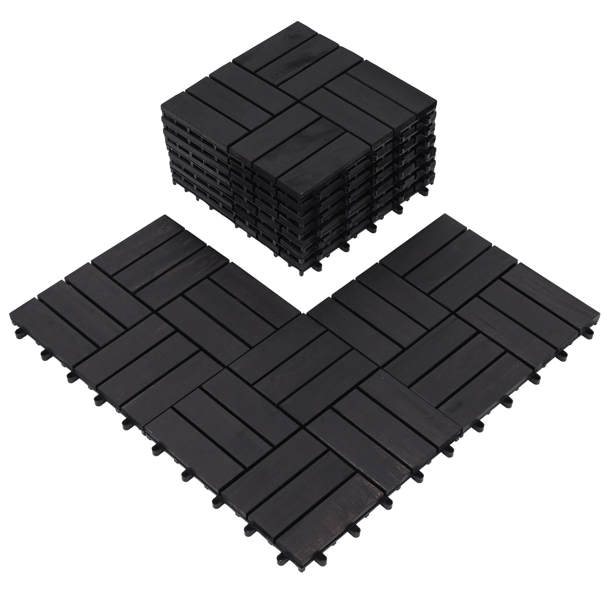 Bliss Outdoors Hardwood 12-Slat Interlock Wood Deck Tiles, Aged Black, Set of 30