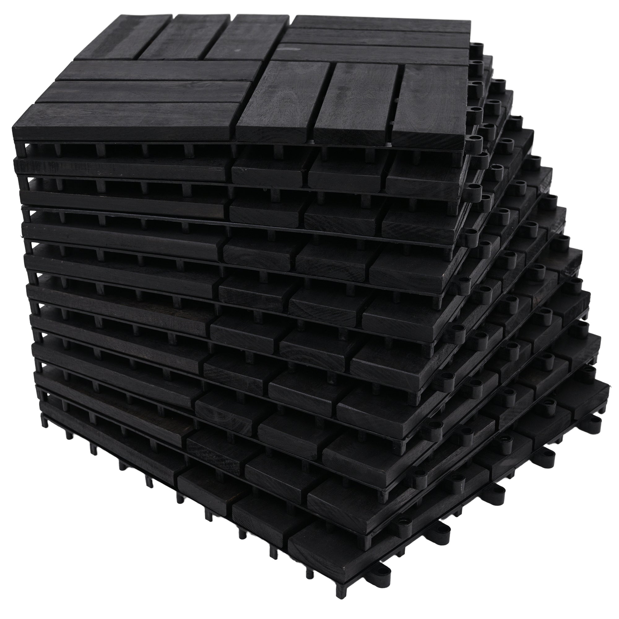 Bliss Outdoors Hardwood 12-Slat Interlock Wood Deck Tiles, Aged Black, Set of 30