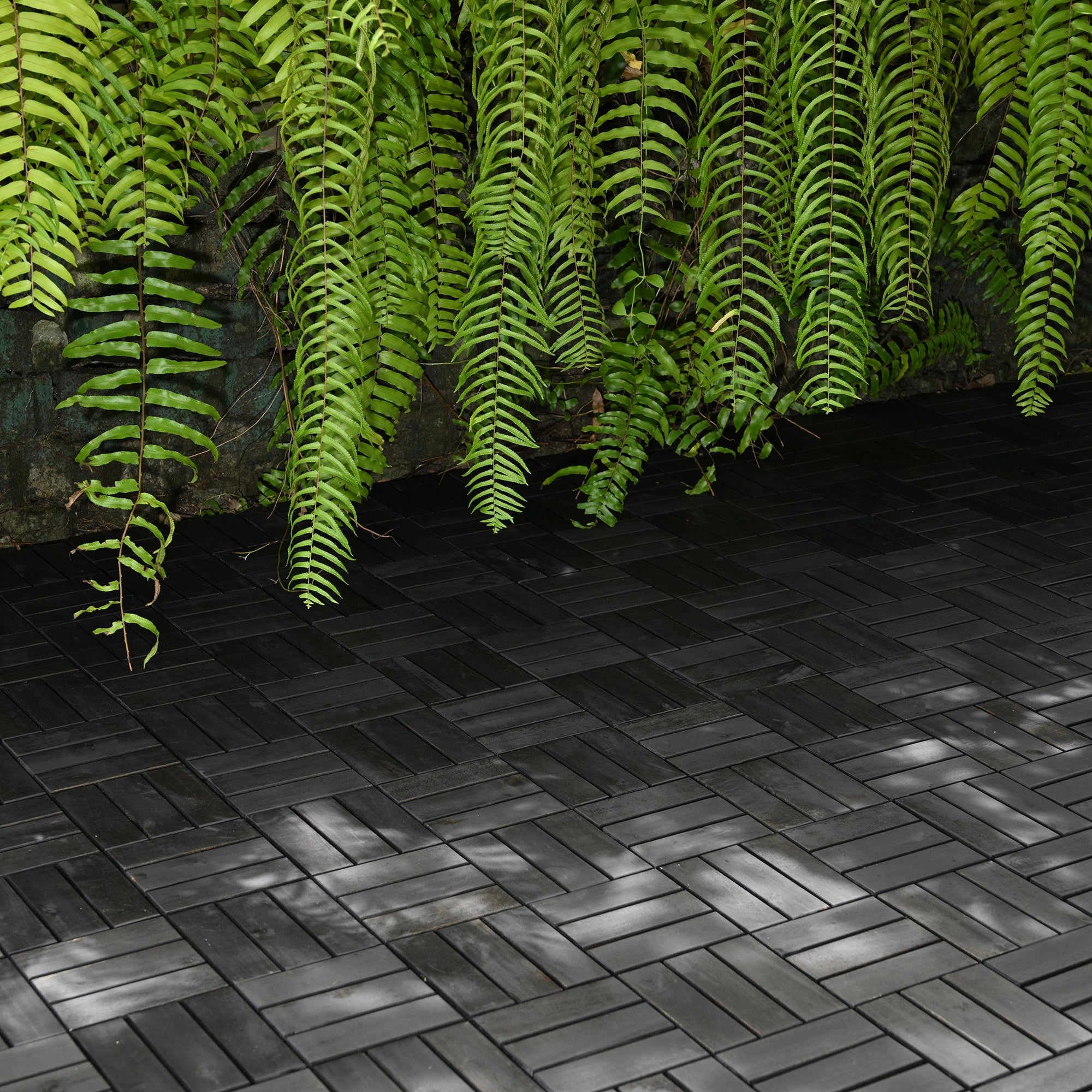 Bliss Outdoors Hardwood 12-Slat Interlock Wood Deck Tiles, Aged Black, Set of 30