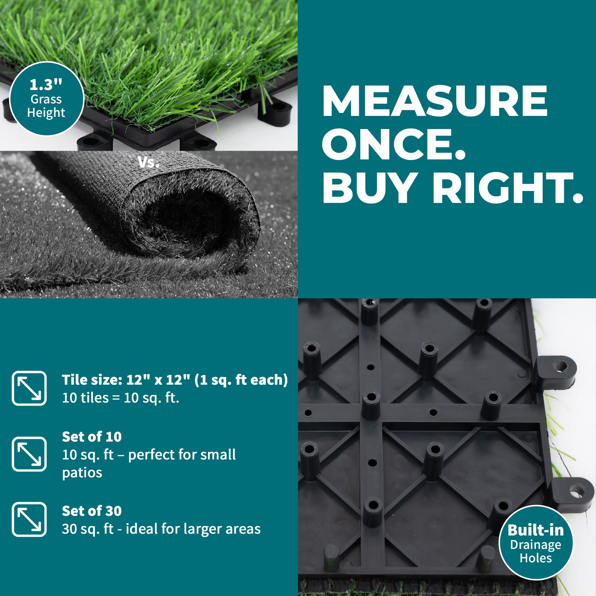 Bliss Outdoors 12"x12" Artificial PP Grass Interlocking Tiles, Green, Set of 10 - Smart-nests