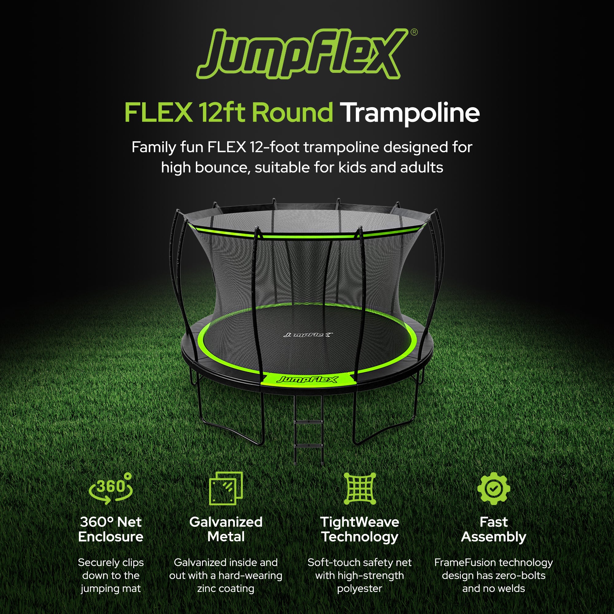 Jumpflex FLEX 12' Round Trampoline, Outdoor Play Equipment & Safety Net & Ladder - Smart-nests
