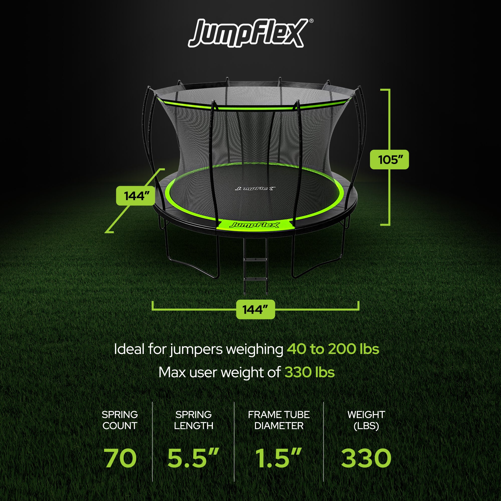 Jumpflex FLEX 12' Round Trampoline, Outdoor Play Equipment & Safety Net & Ladder - Smart-nests