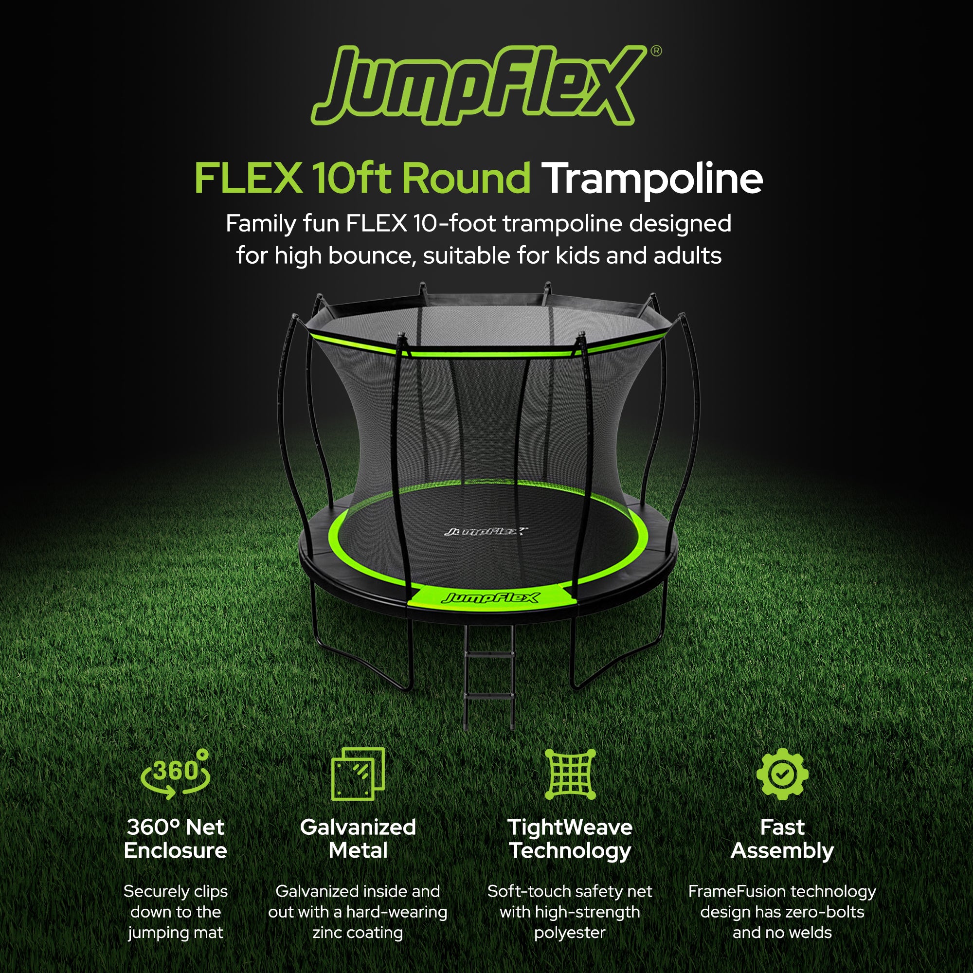 Jumpflex FLEX 10' Round Trampoline, Outdoor Play Equipment & Safety Net & Ladder - Smart-nests