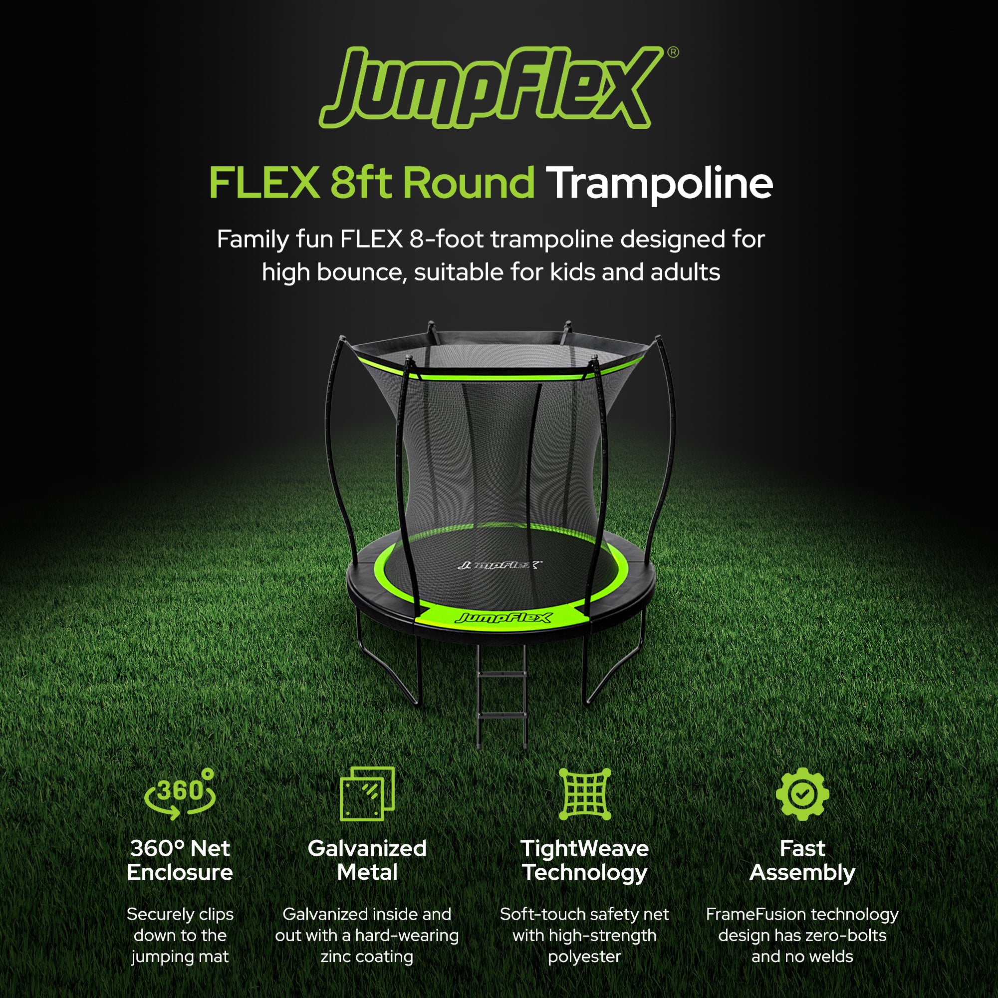 Jumpflex FLEX 8' Round Trampoline, Outdoor Play Equipment w/ Safety Net & Ladder - Smart-nests