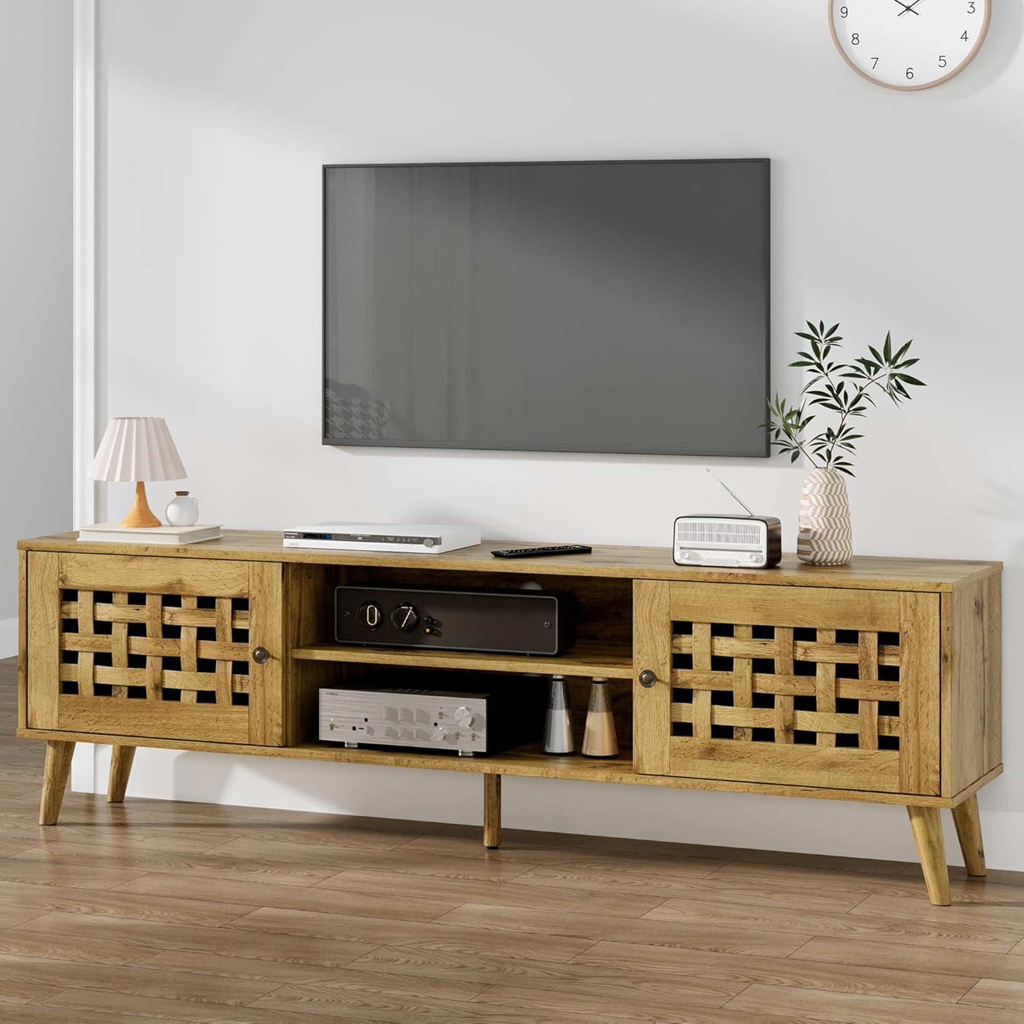 RoyalCraft Rattan TV Stand Entertainment Center with Storage for 65 Inch TVs - Smart-nests