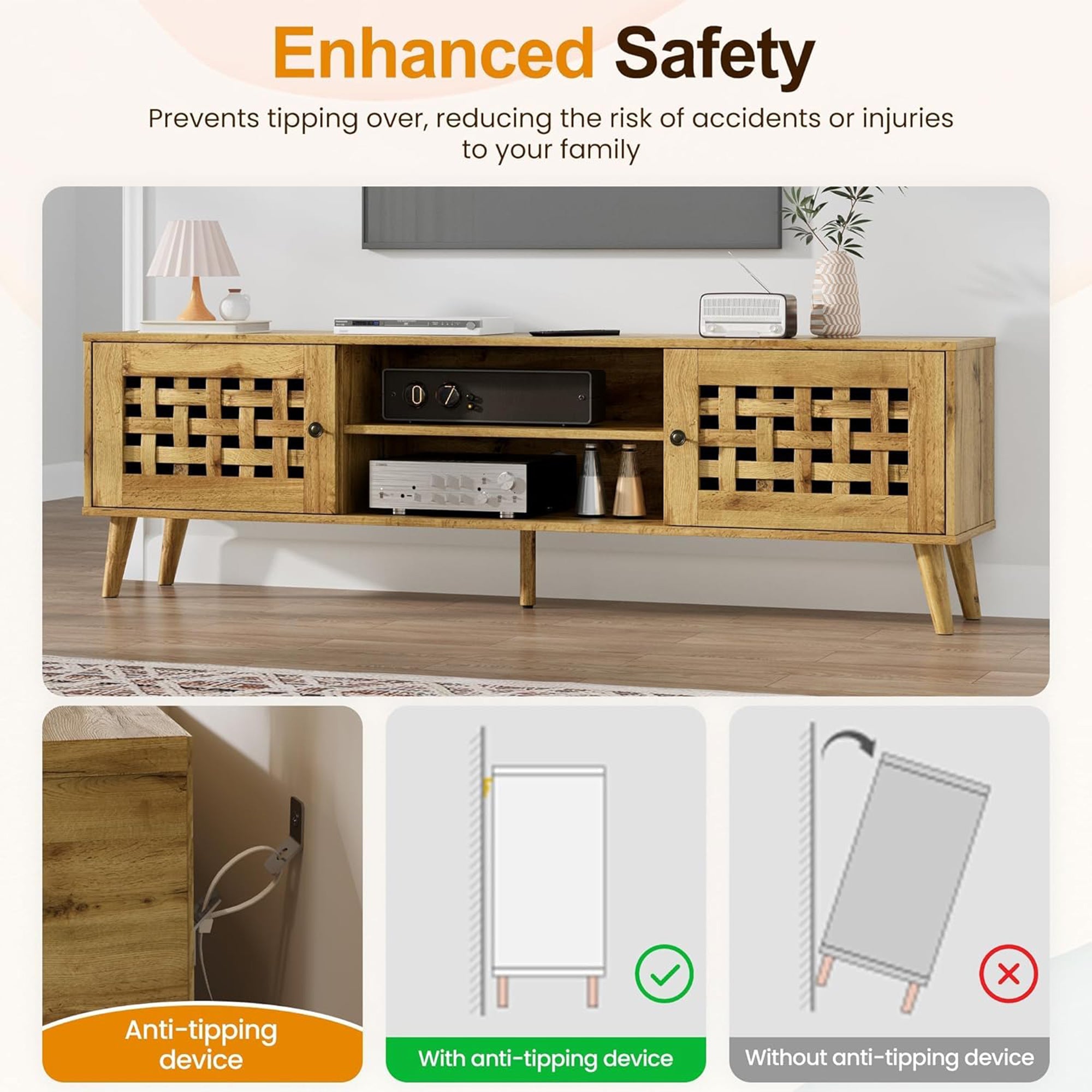 RoyalCraft Rattan TV Stand Entertainment Center with Storage for 65 Inch TVs - Smart-nests