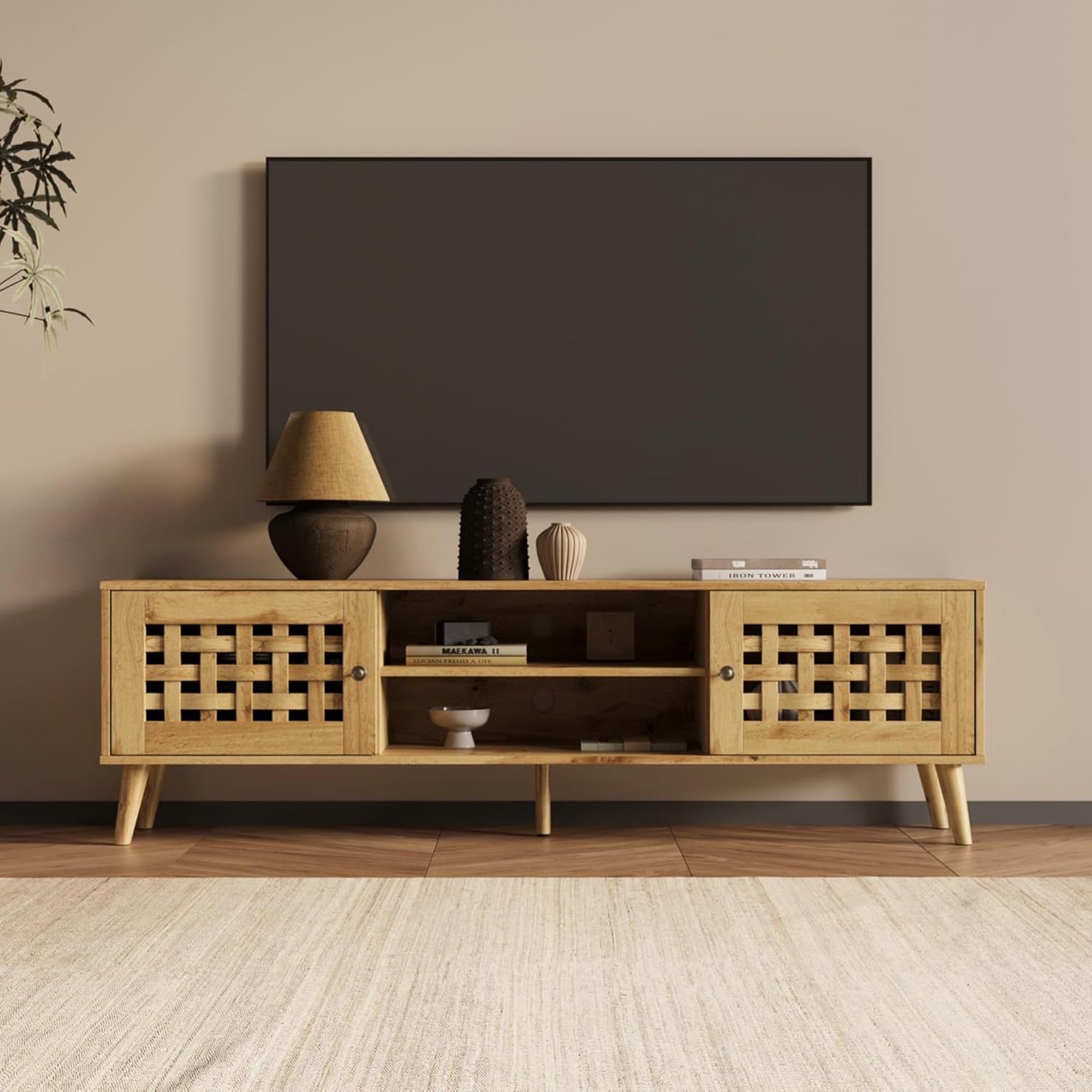 RoyalCraft Rattan TV Stand Entertainment Center with Storage for 65 Inch TVs - Smart-nests