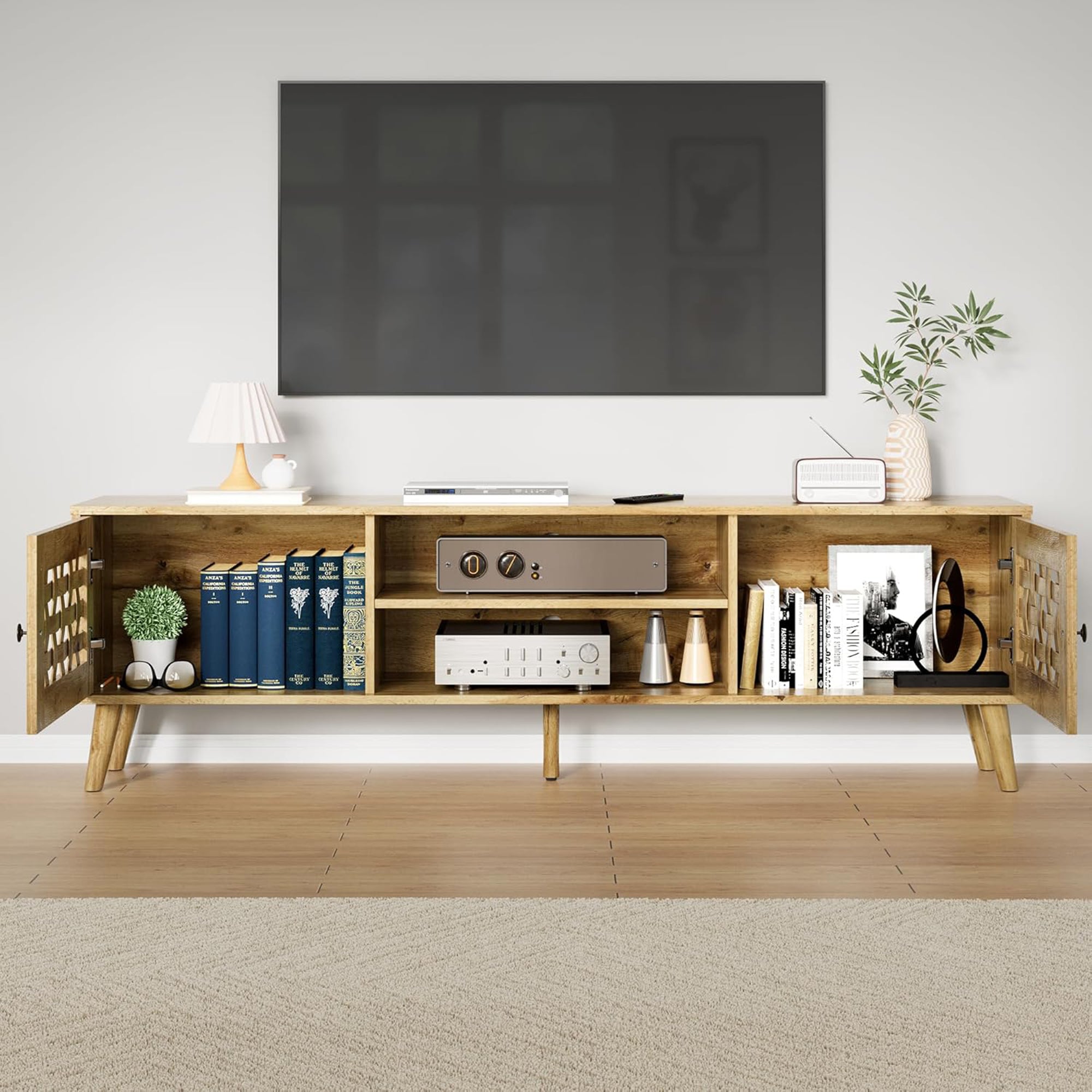 RoyalCraft Rattan TV Stand Entertainment Center with Storage for 65 Inch TVs - Smart-nests