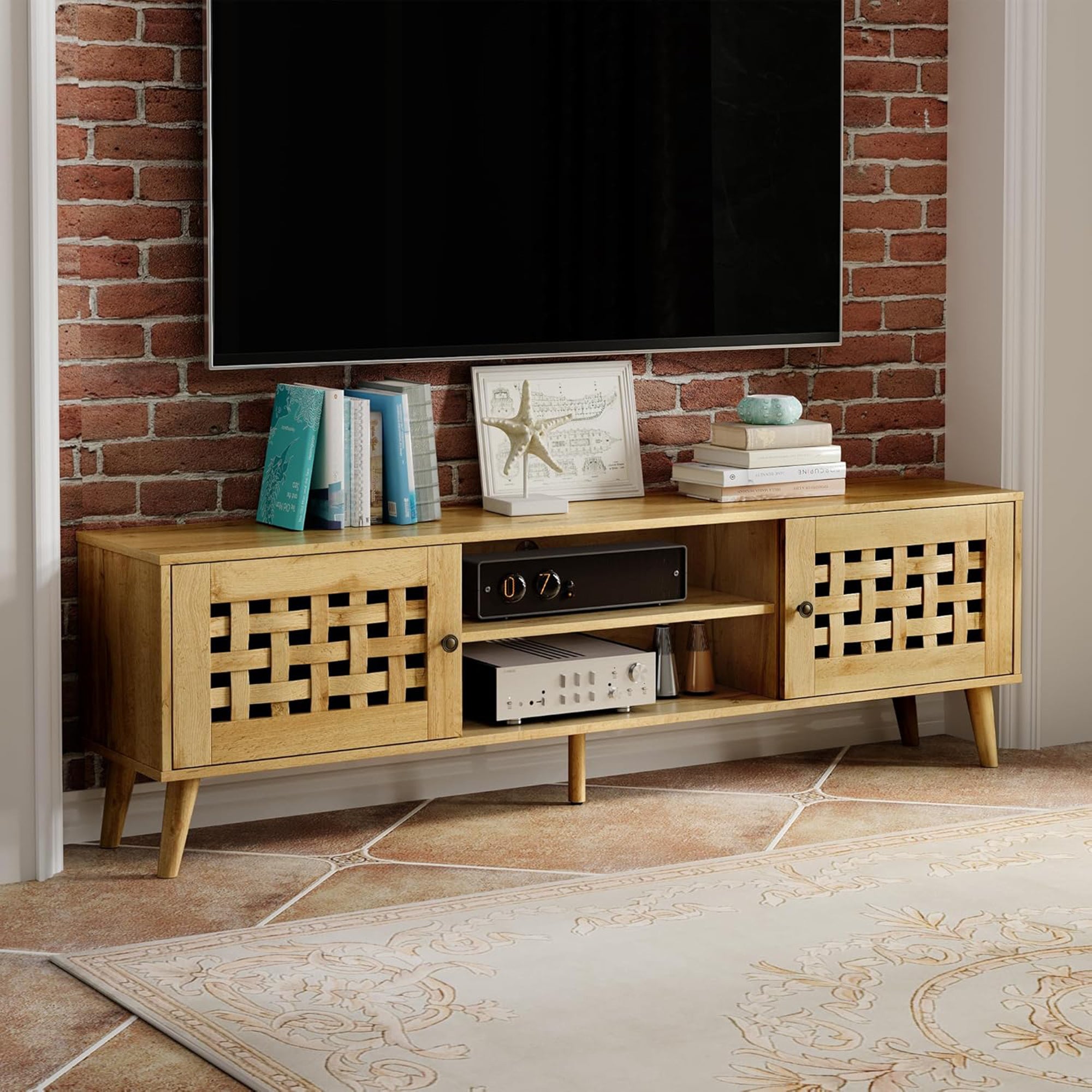 RoyalCraft Rattan TV Stand Entertainment Center with Storage for 65 Inch TVs - Smart-nests