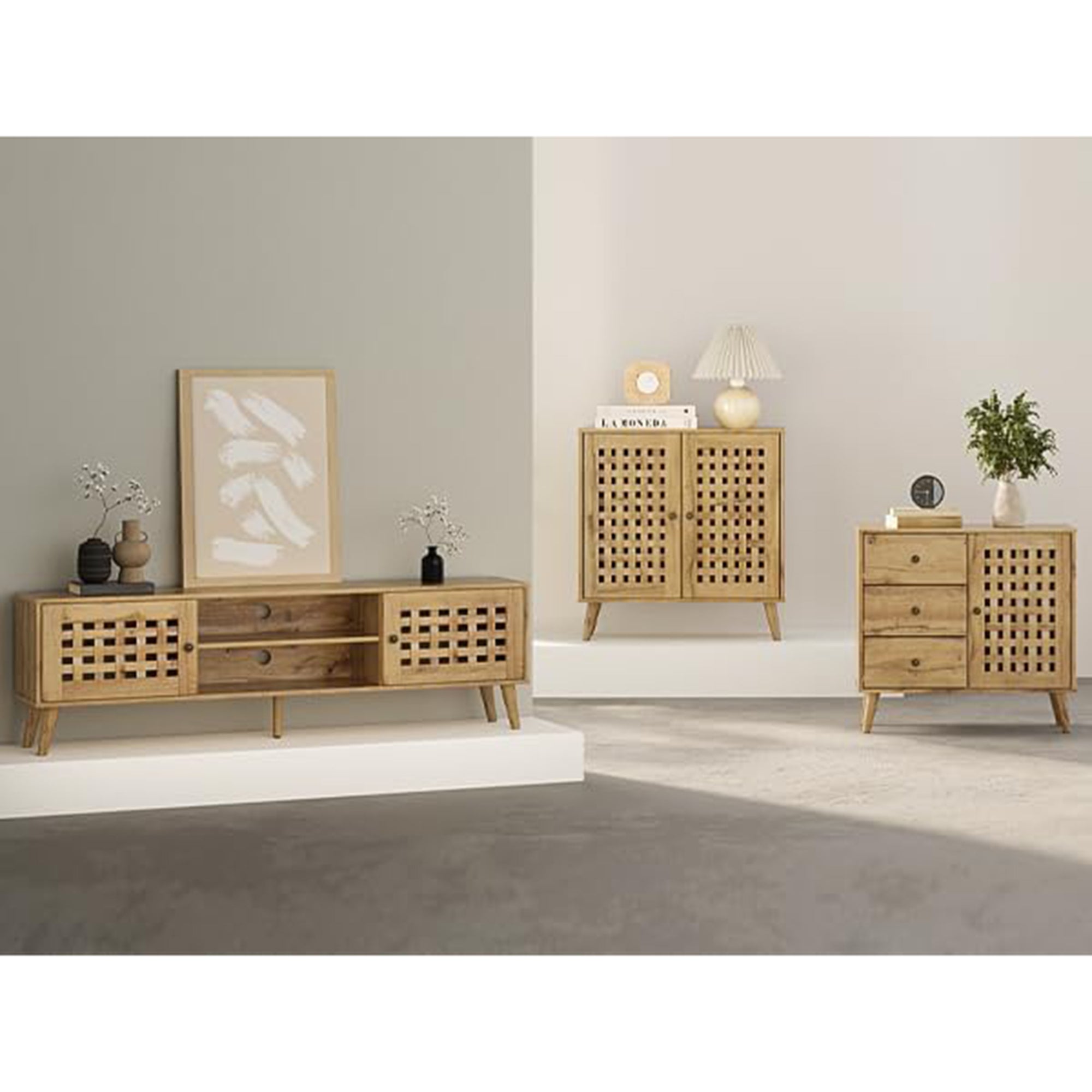 RoyalCraft Rattan TV Stand Entertainment Center with Storage for 65 Inch TVs - Smart-nests