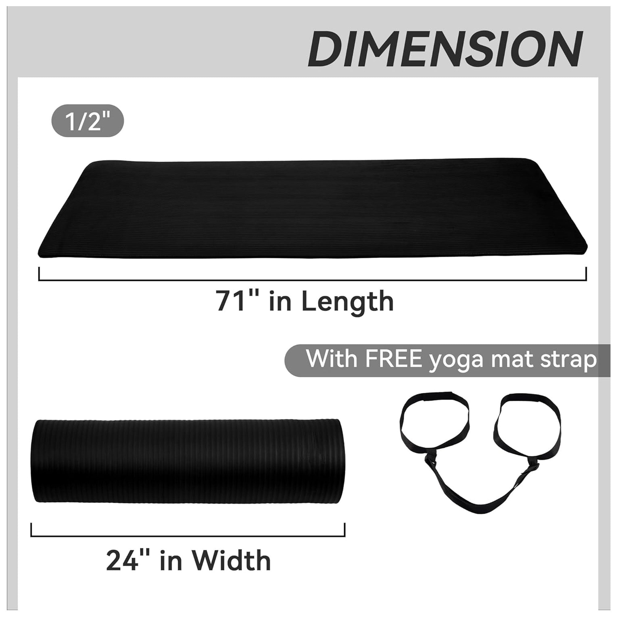 Fitvids 1/2-Inch Thick High Density Exercise Yoga Mat, Carrying Strap, Black - Smart-nests