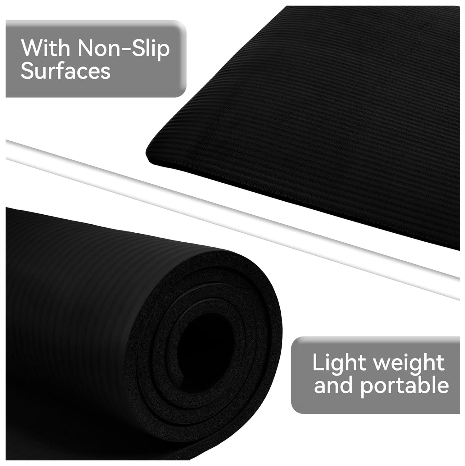 Fitvids 1/2-Inch Thick High Density Exercise Yoga Mat, Carrying Strap, Black - Smart-nests