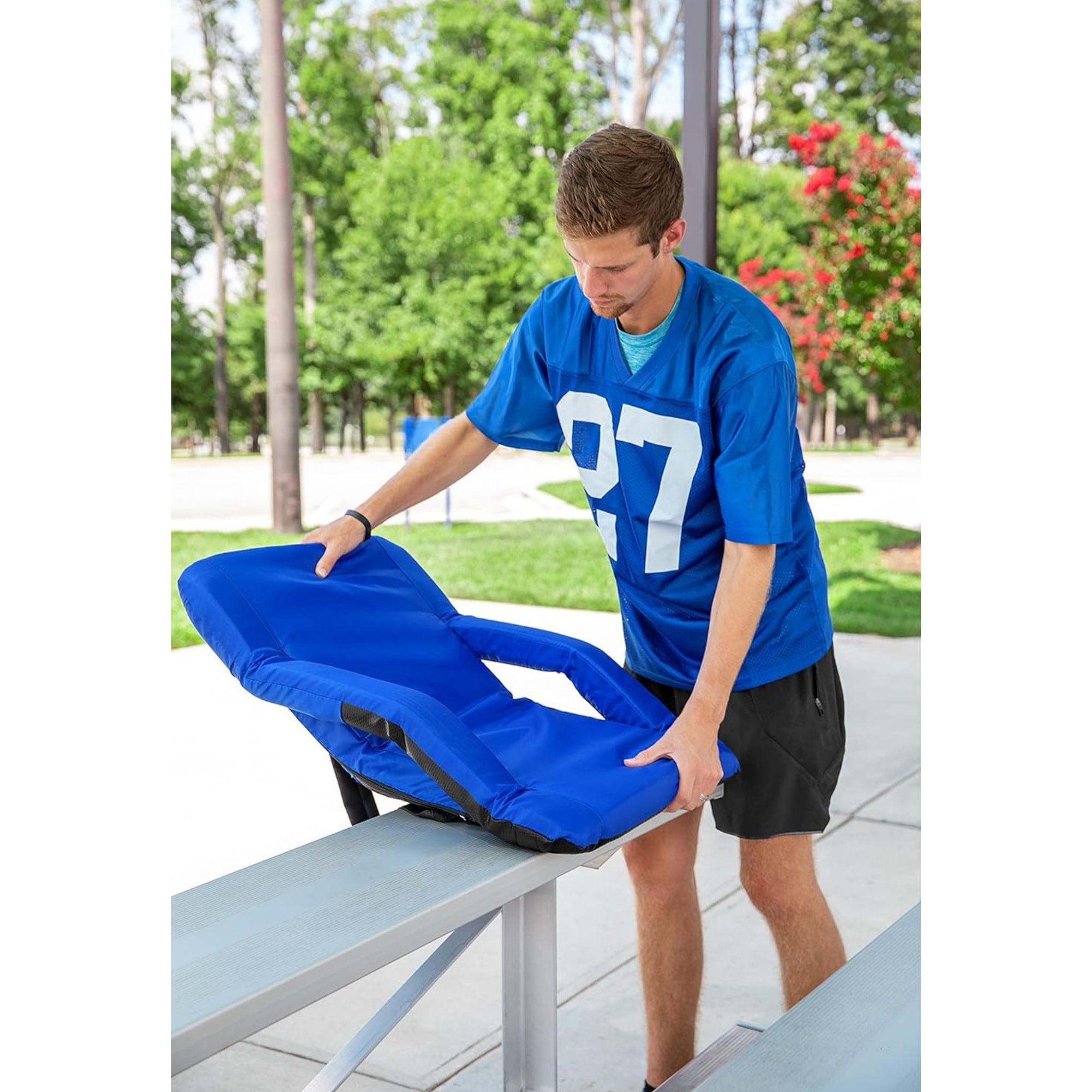 Camco Portable Stadium Seat Foldable Padded Cushion Back Support, Armrests, Blue - Smart-nests