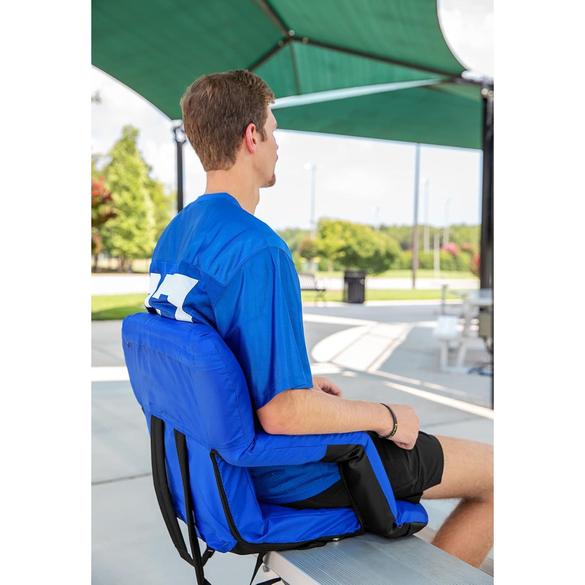 Camco Portable Stadium Seat Foldable Padded Cushion Back Support, Armrests, Blue - Smart-nests
