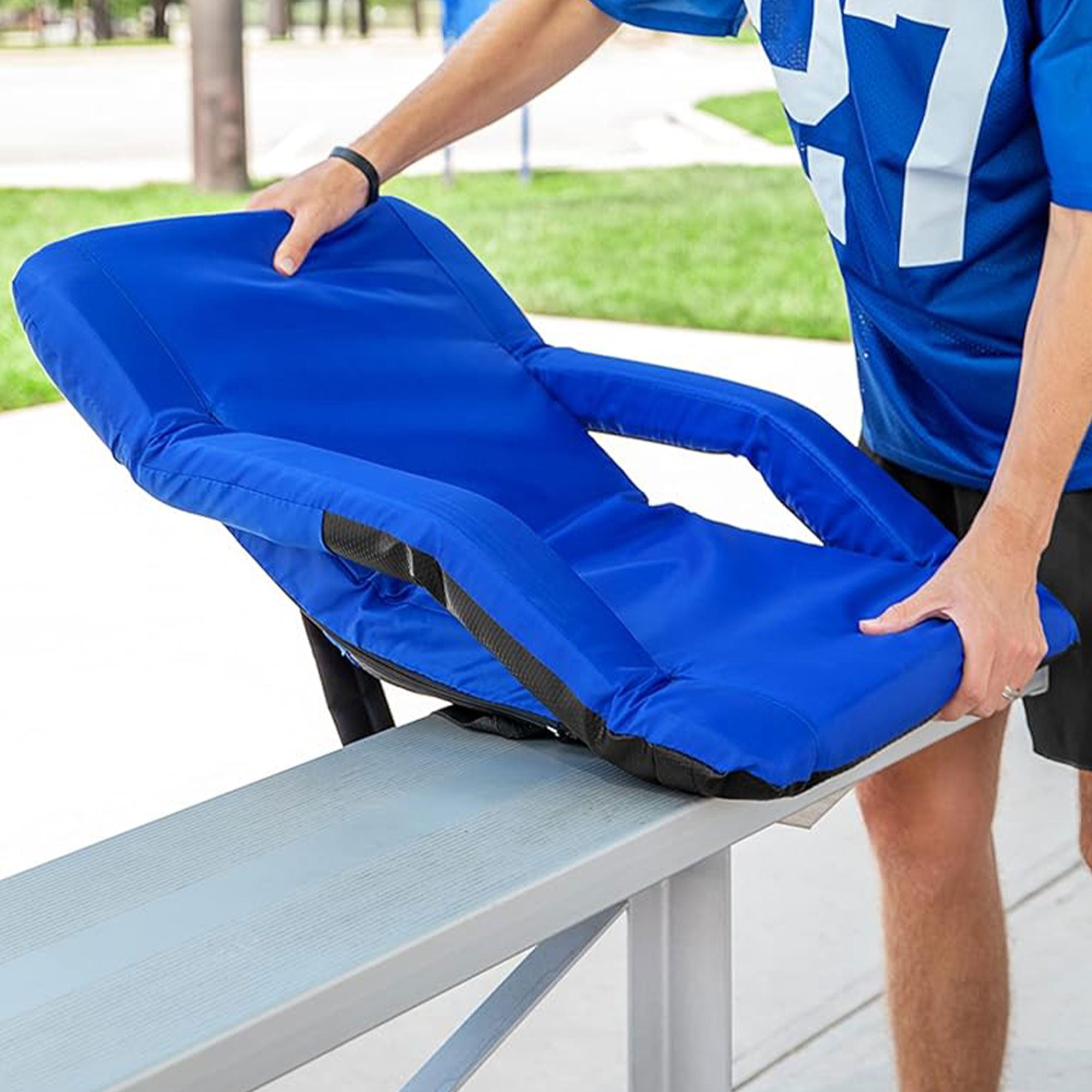 Camco Portable Stadium Seat Foldable Padded Cushion Back Support, Armrests, Blue - Smart-nests