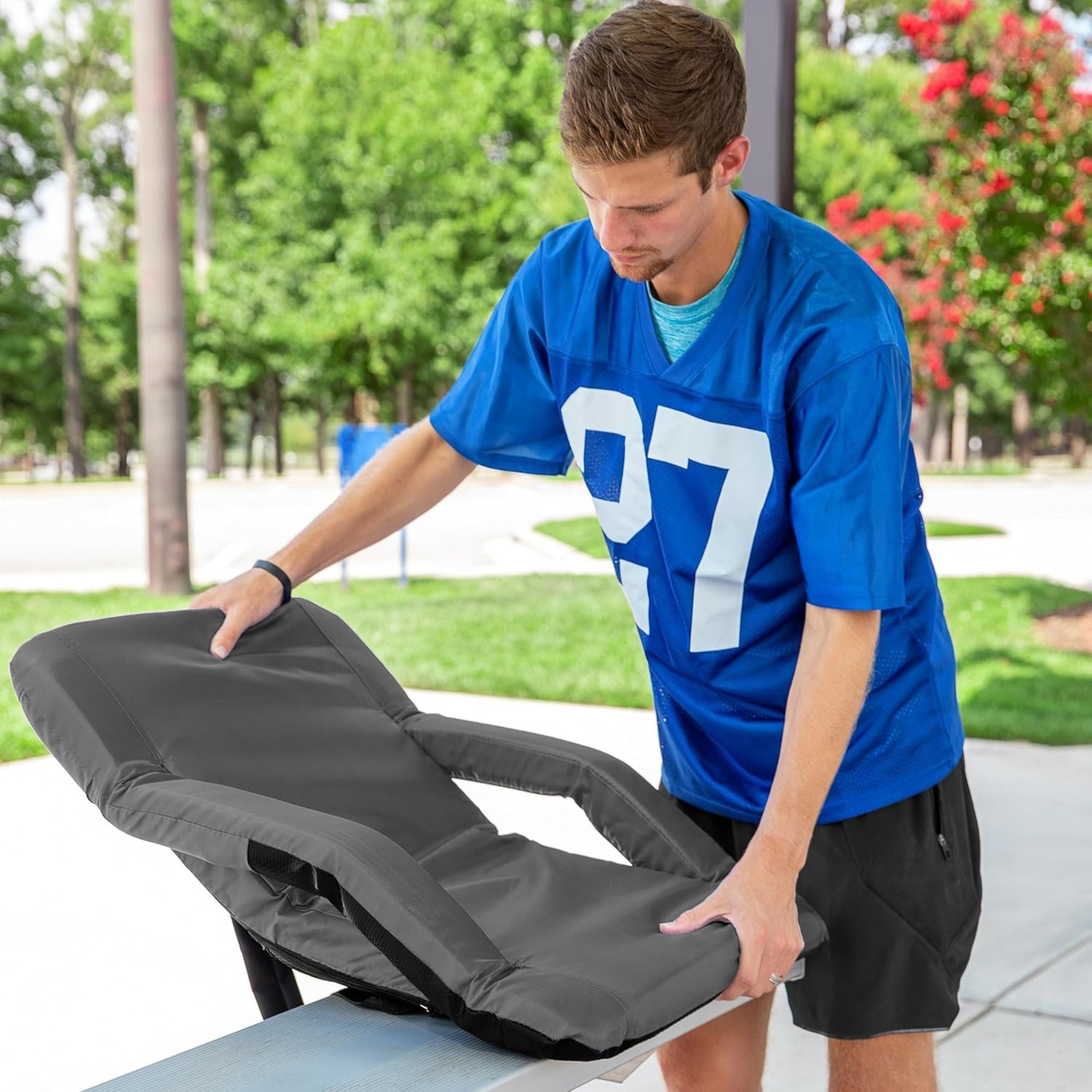 Camco Portable Stadium Seat Foldable Padded Cushion Back Support, Armrests, Grey - Smart-nests