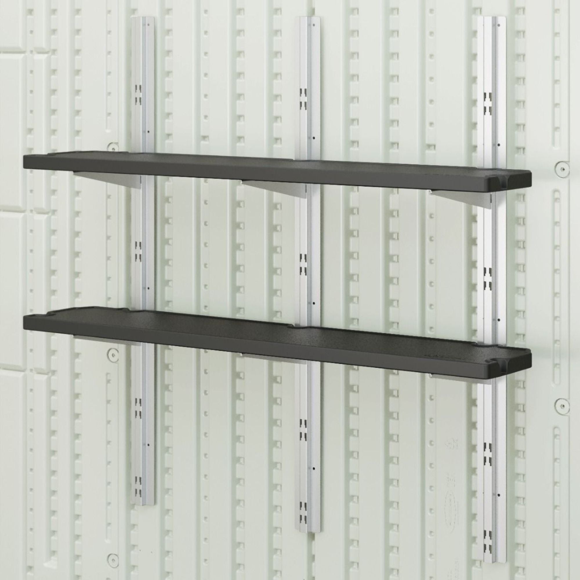 Suncast Vertical Shed 2 Shelf Kit Space Saving Wall Mount Outdoor Storage, Black