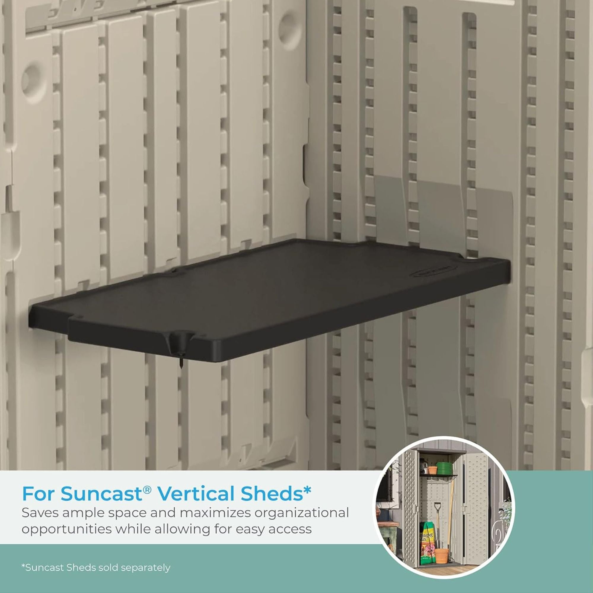 Suncast Vertical Shed Shelf Kit Space Saving Wall Mount Outdoor Storage, Black - Smart-nests