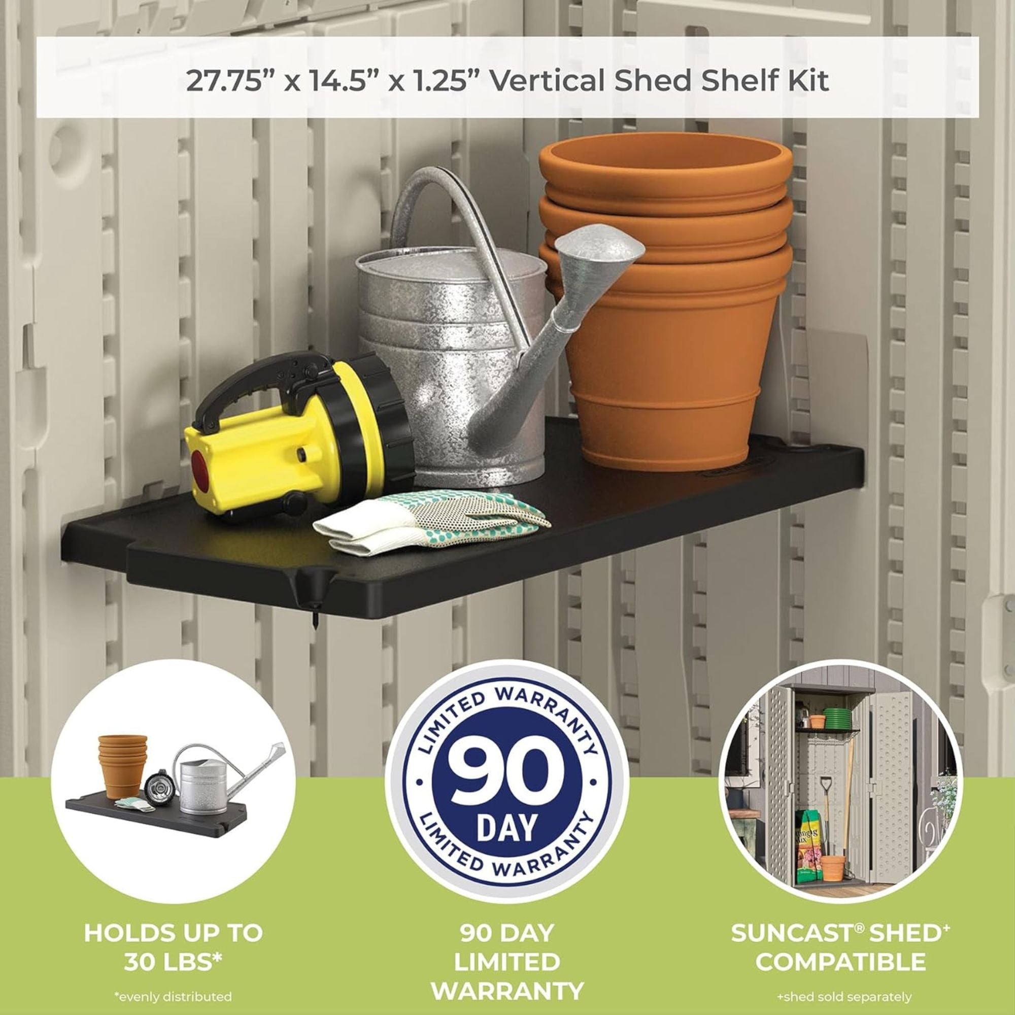 Suncast Vertical Shed Shelf Kit Space Saving Wall Mount Outdoor Storage, Black - Smart-nests