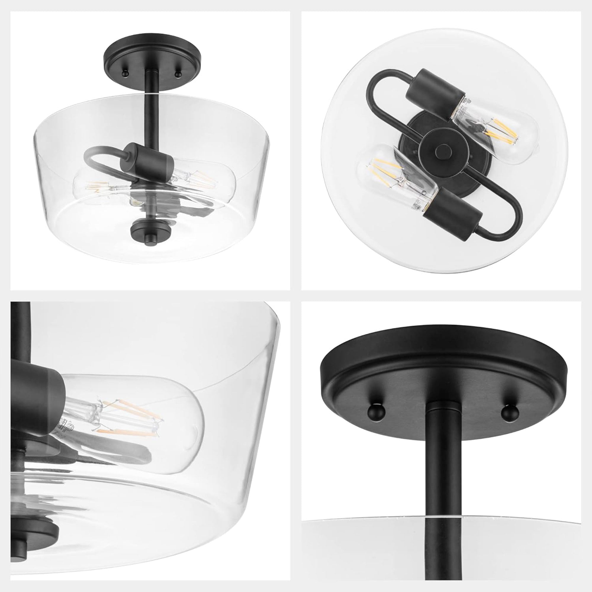 Prominence Home 2 Light Ceiling Fixture Clear Glass Lighting 13" Viktoria, Black - Smart-nests