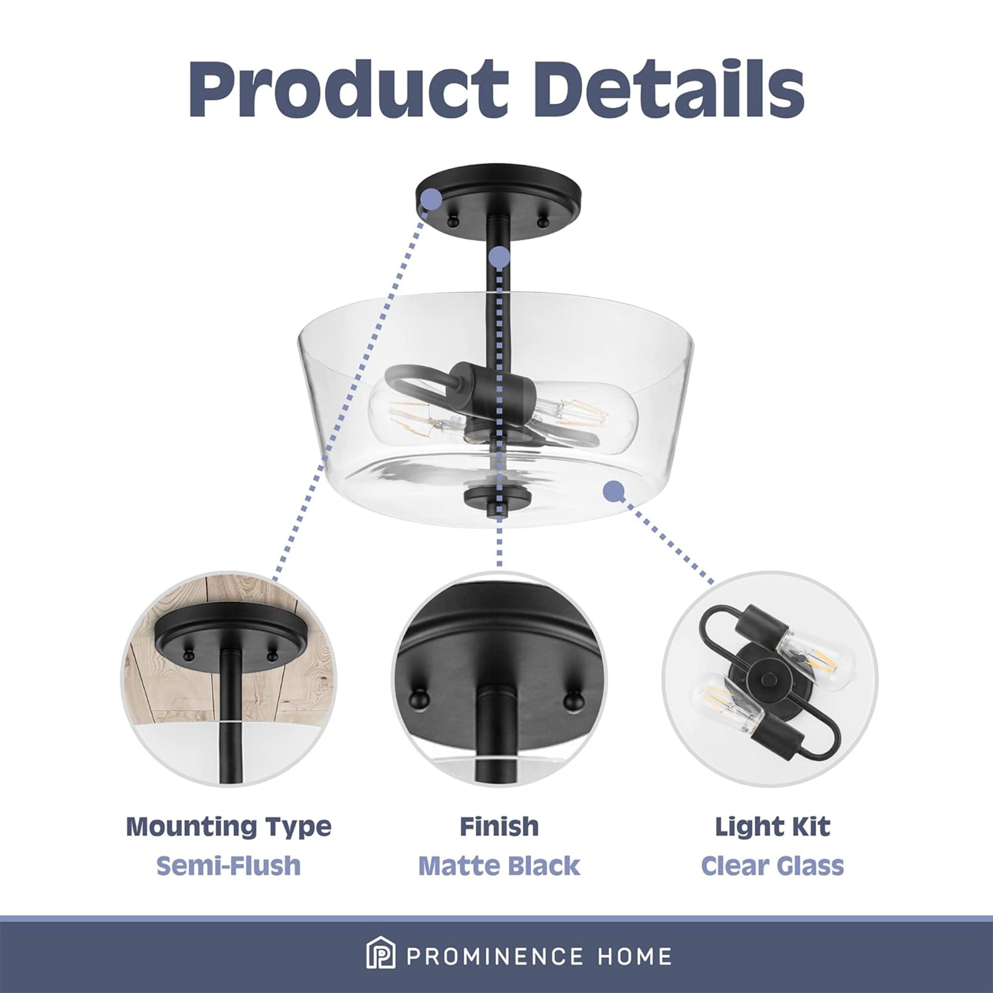 Prominence Home 2 Light Ceiling Fixture Clear Glass Lighting 13" Viktoria, Black - Smart-nests