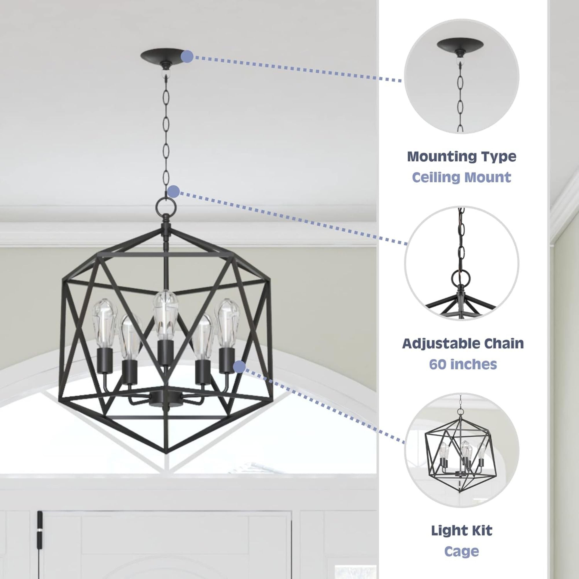 Prominence Home 5 Light Chandelier Pendant Lighting Fixture, Heleo, Matte Black - Smart-nests