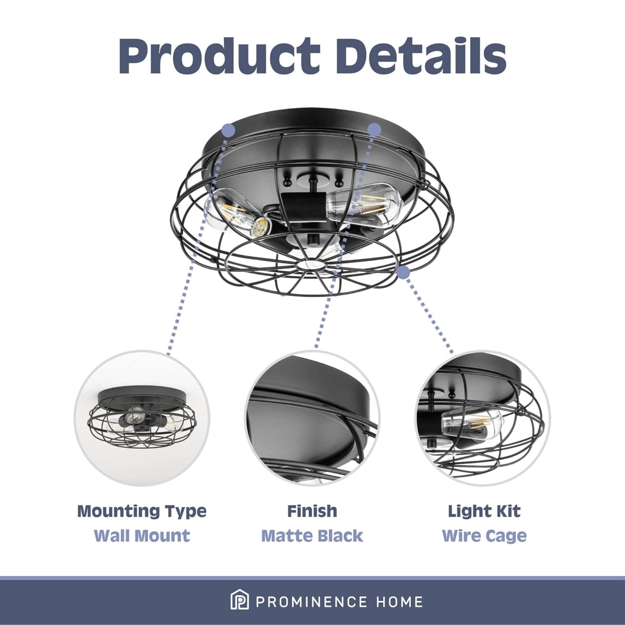 Prominence Home Lincoln Woods 15" Flush Ceiling Mount Light with Cage, Black - Smart-nests