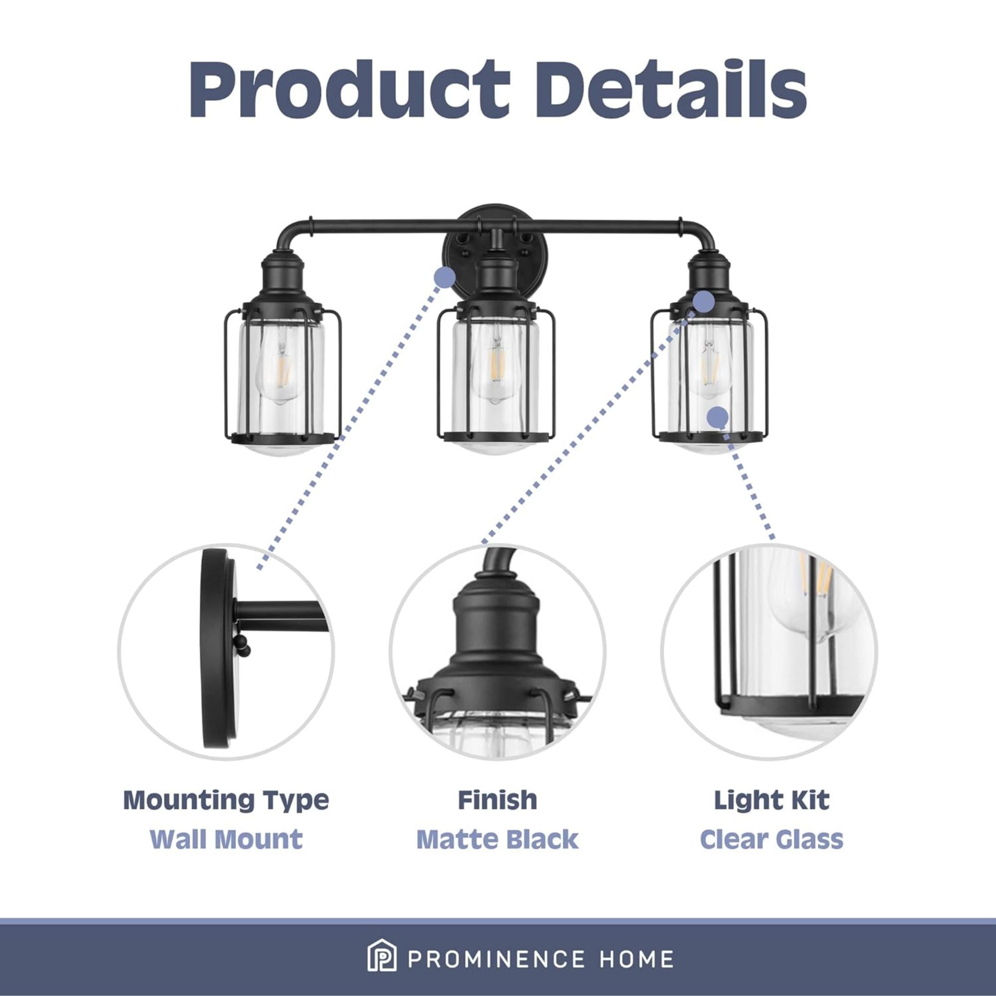 Prominence Home Lincoln Woods 3 Light Industrial Bathroom Vanity Light, Black - Smart-nests