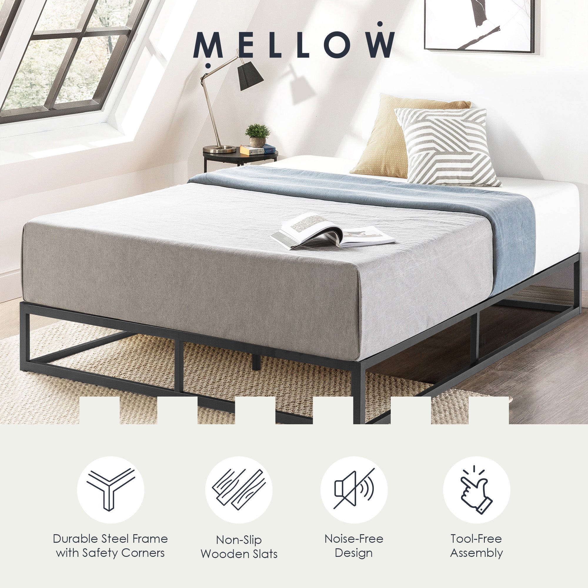 Mellow Modernista 10" Metal Platform Bed Frame with Slat Foundation, King, Black - Smart-nests