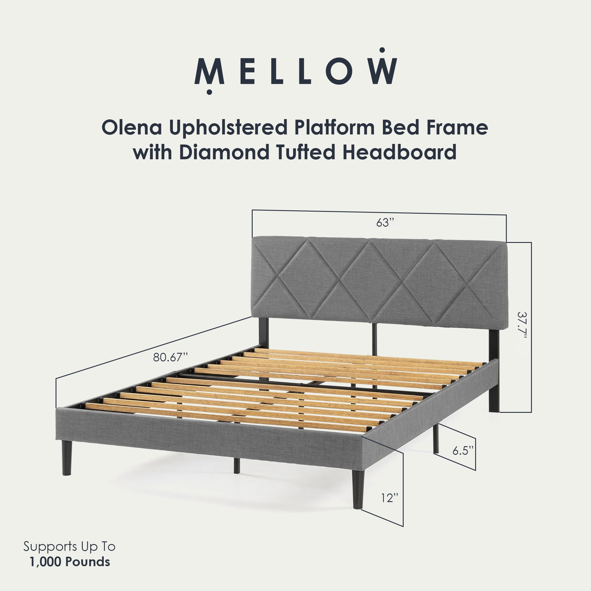 Mellow Olena Upholstered Platform Bed Frame with Diamond Tufted Headboard, Queen - Smart-nests