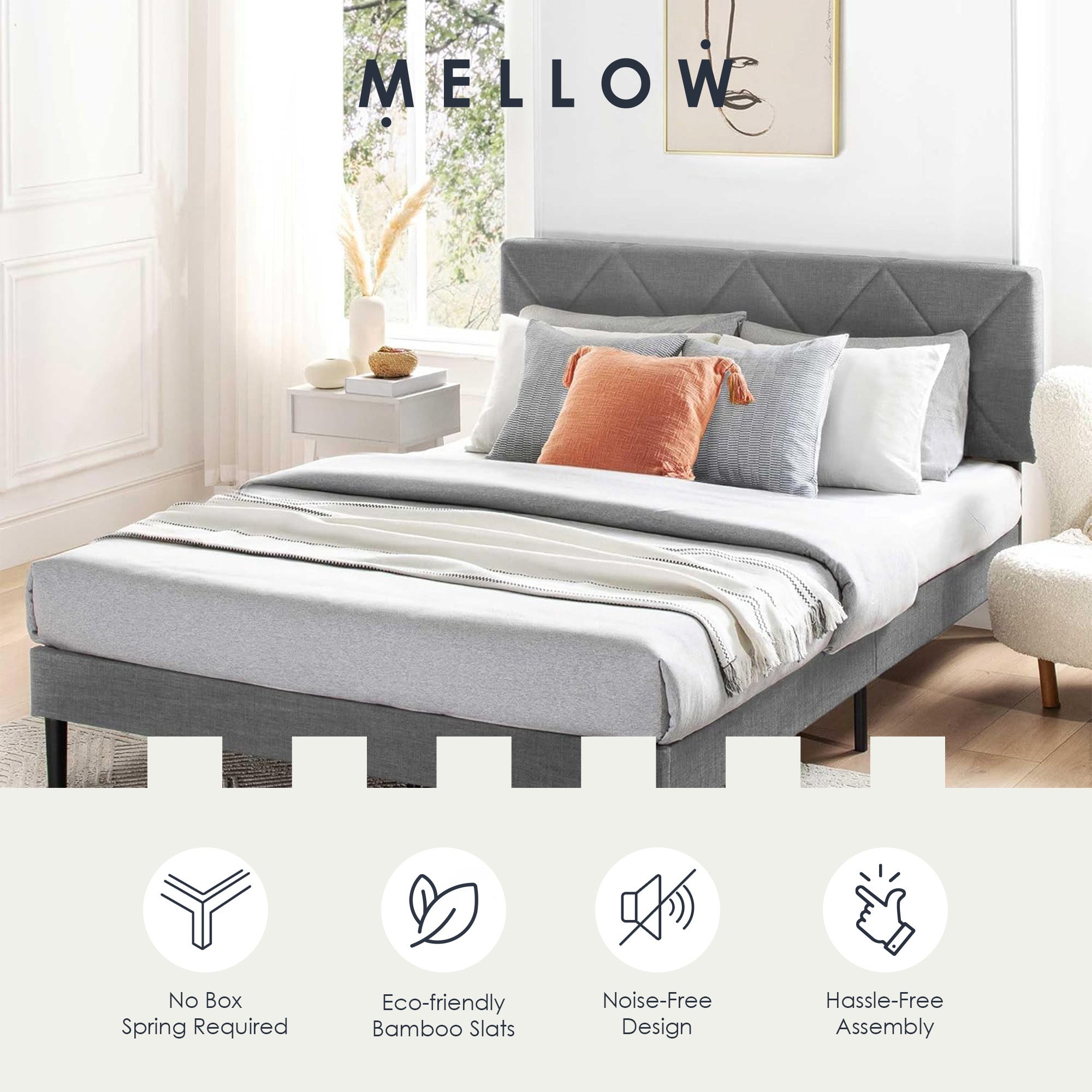 Mellow Olena Upholstered Platform Bed Frame with Diamond Tufted Headboard, Queen - Smart-nests