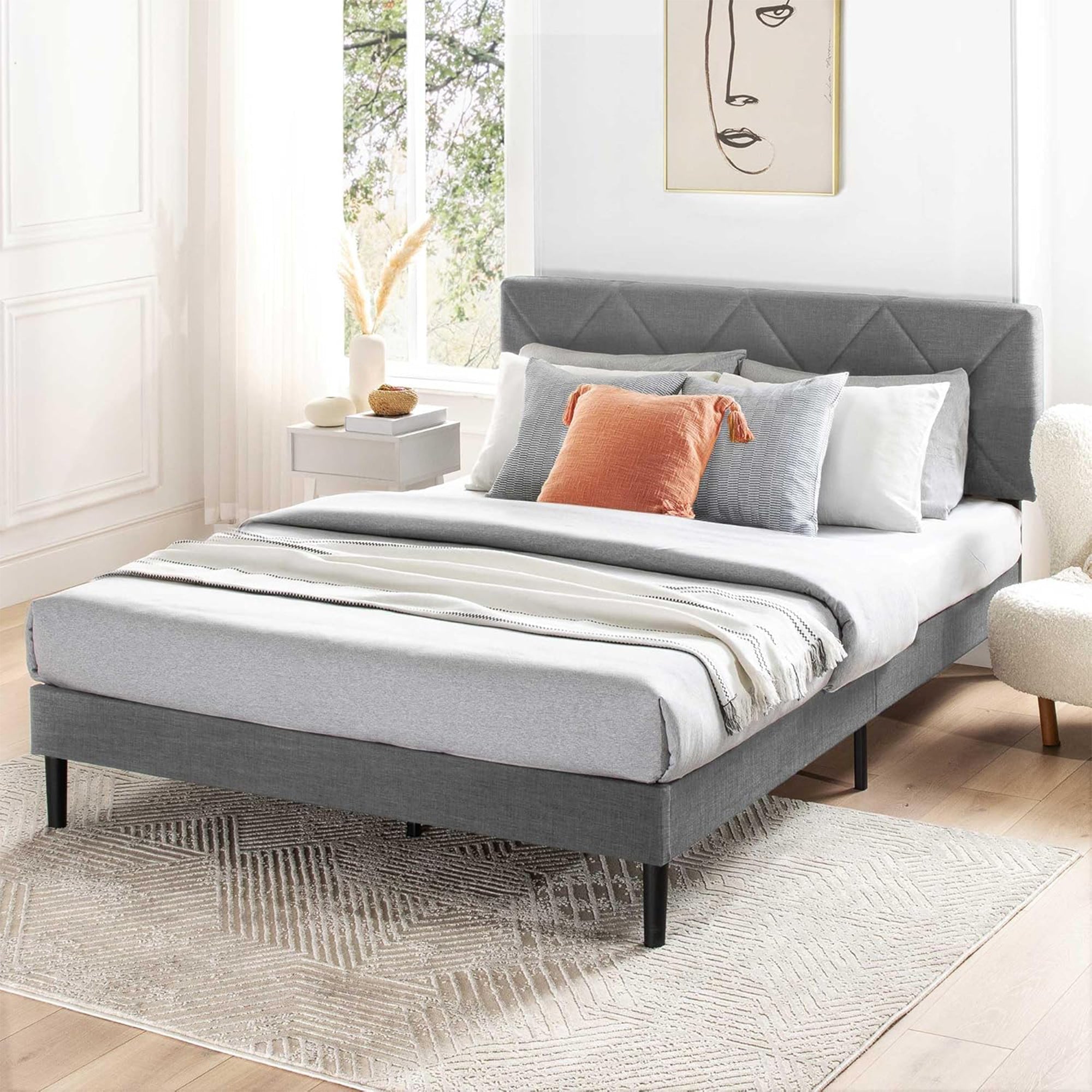 Mellow Olena Upholstered Platform Bed Frame with Diamond Tufted Headboard, Queen - Smart-nests