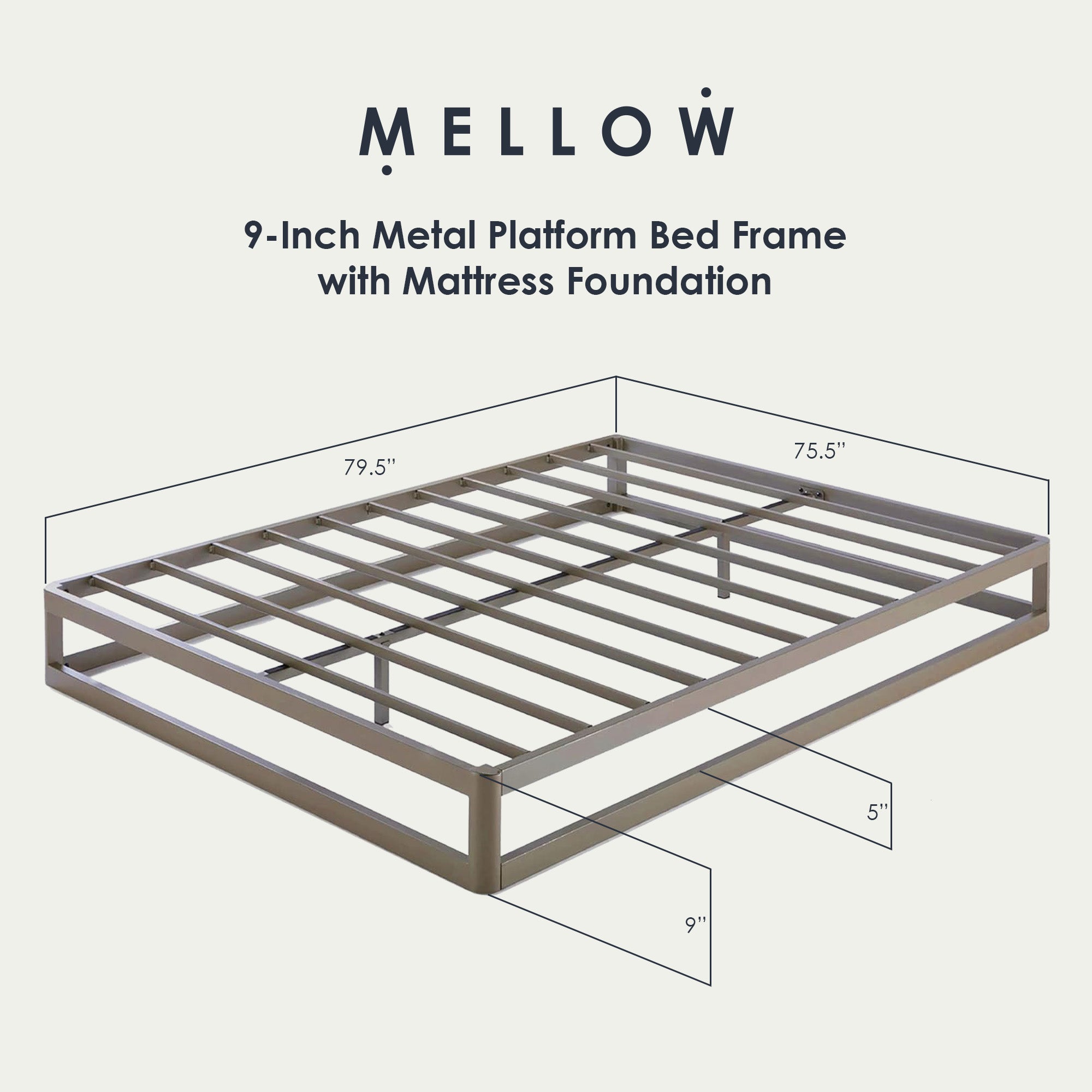 Mellow 9-Inch Metal Platform Bed Frame with Mattress Foundation, King, Gray - Smart-nests