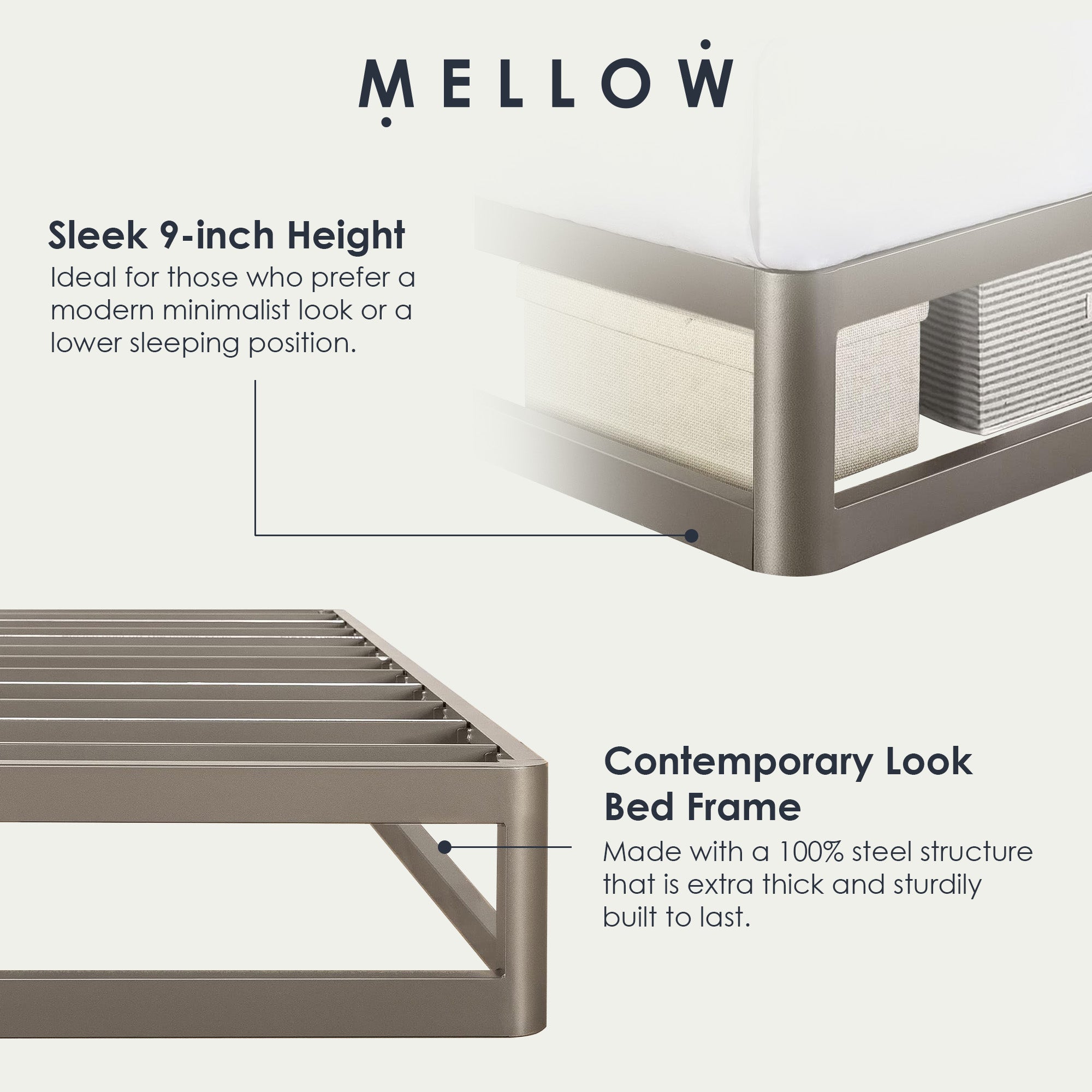 Mellow 9-Inch Metal Platform Bed Frame with Mattress Foundation, King, Gray - Smart-nests