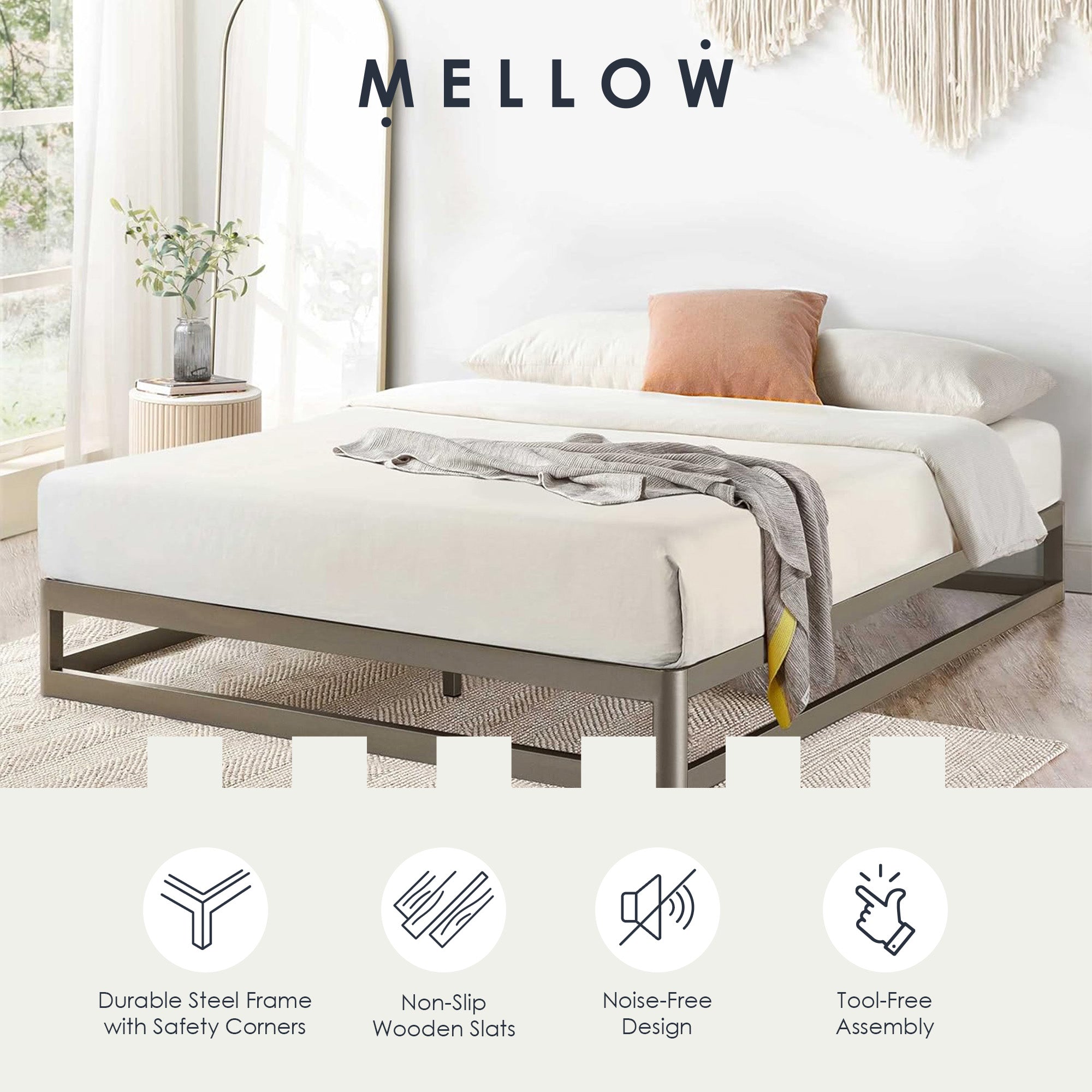 Mellow 9-Inch Metal Platform Bed Frame with Mattress Foundation, King, Gray - Smart-nests