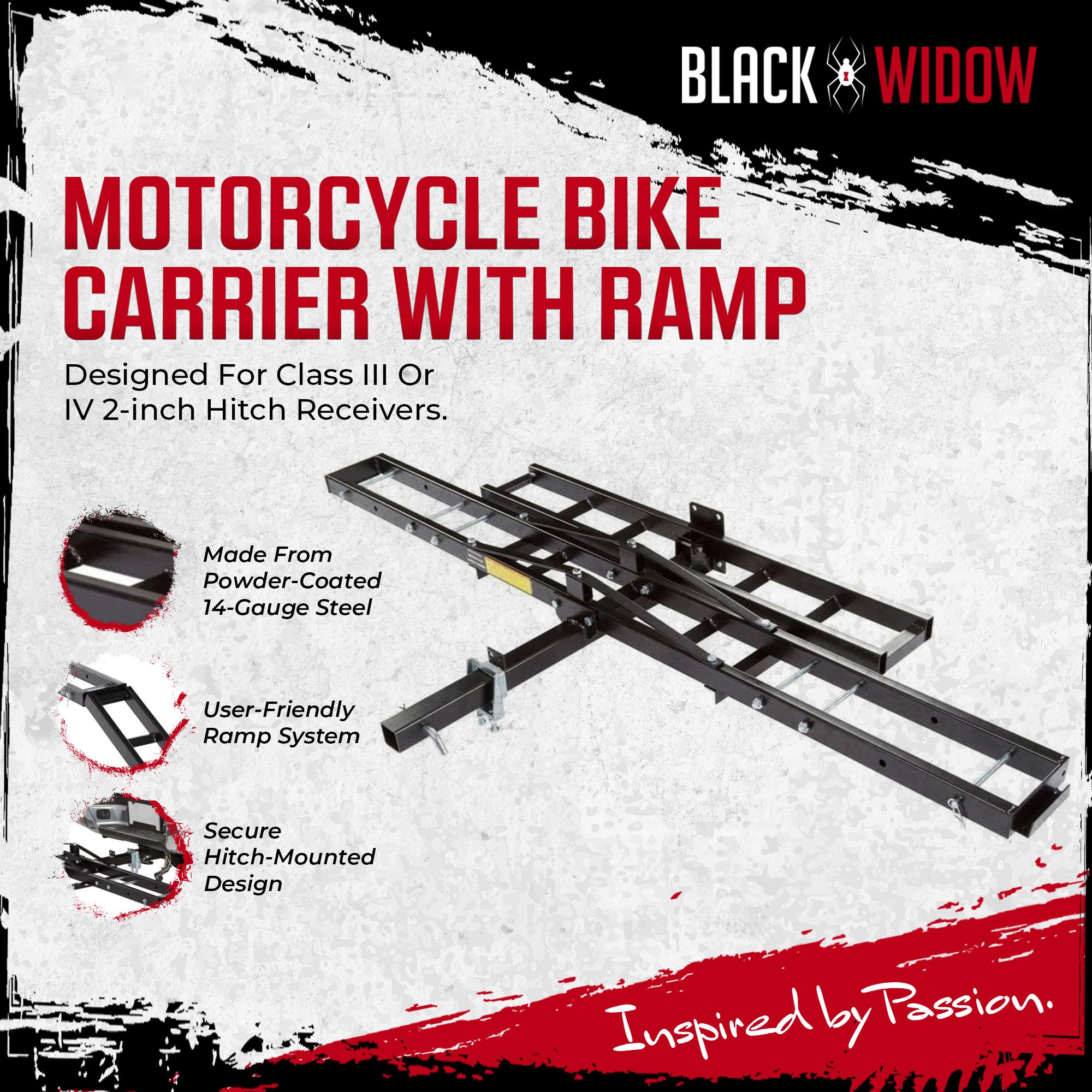 Black Widow Motorcycle Bike Carrier with Ramp for 2" Hitch, 500 Pound Capacity - Smart-nests