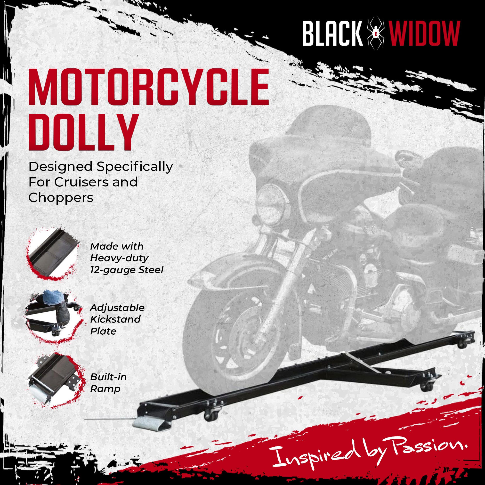 Black Widow Heavy Duty Motorcycle Dolly and Cruiser Garage Storage Ramp, Black - Smart-nests