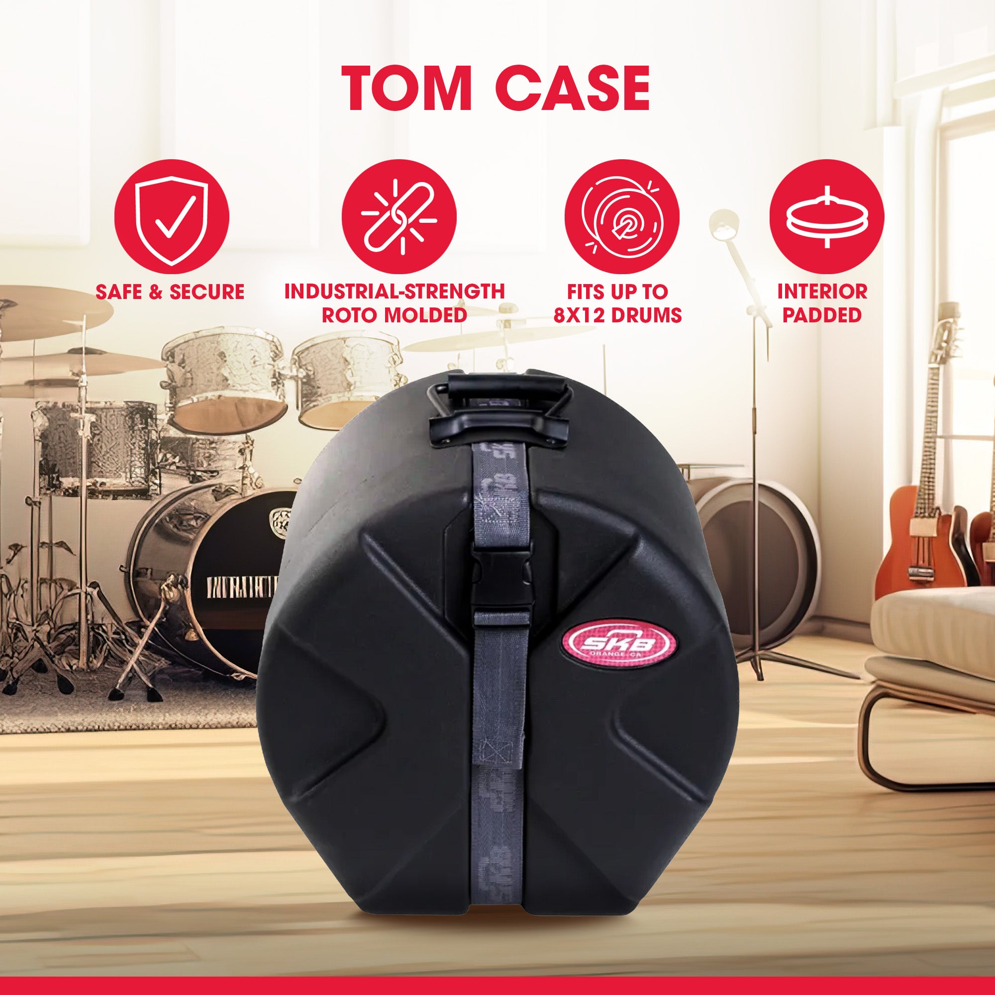 SKB 8" x 12" Tom Case with Padded Interior and D-Shaped Drum Design, Black - Smart-nests